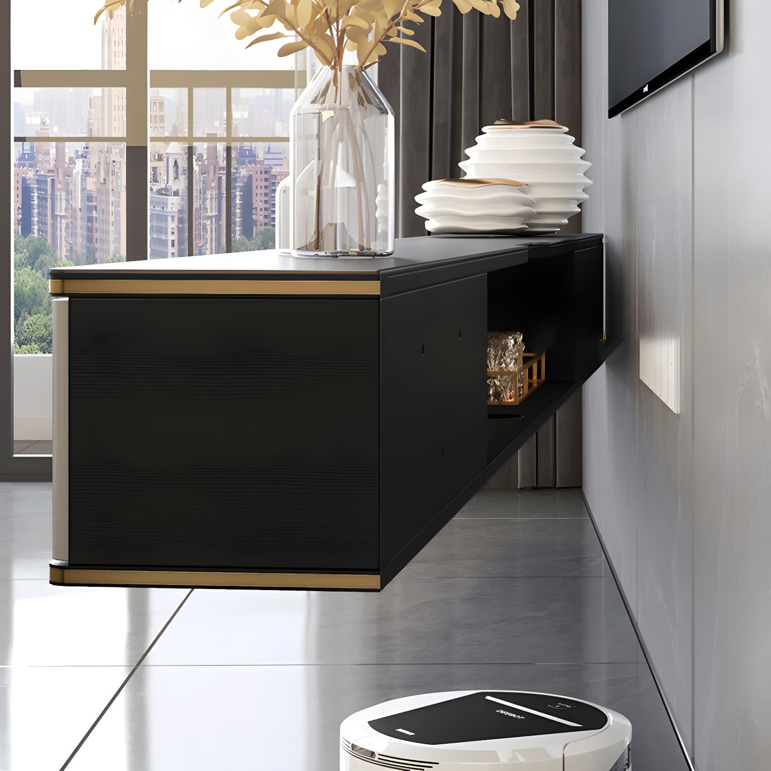 Glam Floating TV Media Stand with Drawers Stone and Wood TV Stand thumbnail 7