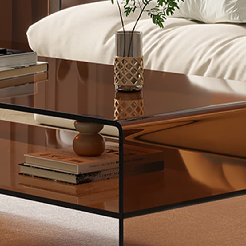 Rectangular Brown Glass Modern Coffee Table with Sled Base and Storage thumbnail 8