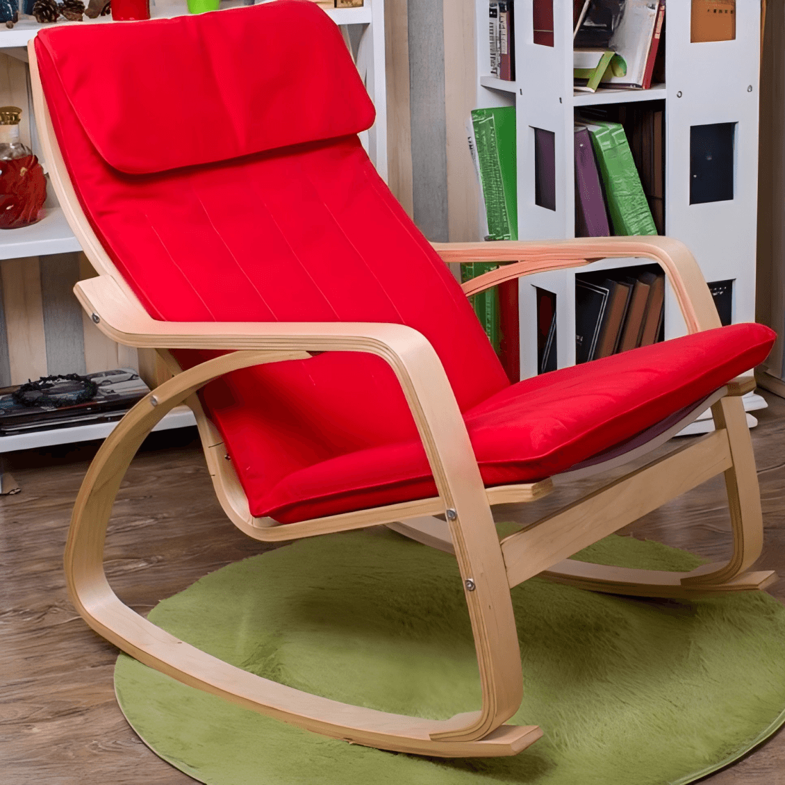 Ergonomic Natural Wood Rocking Armchair with Rear Back, Stationary thumbnail 7