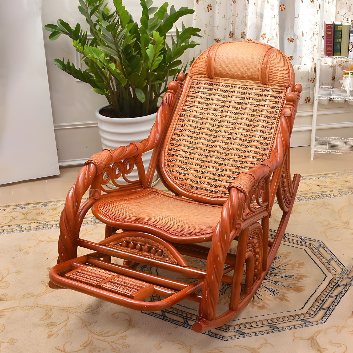 Traditional Spindle Rocking Chair Tobacco Finish with Pillow Rocker Chair Wicker thumbnail 2