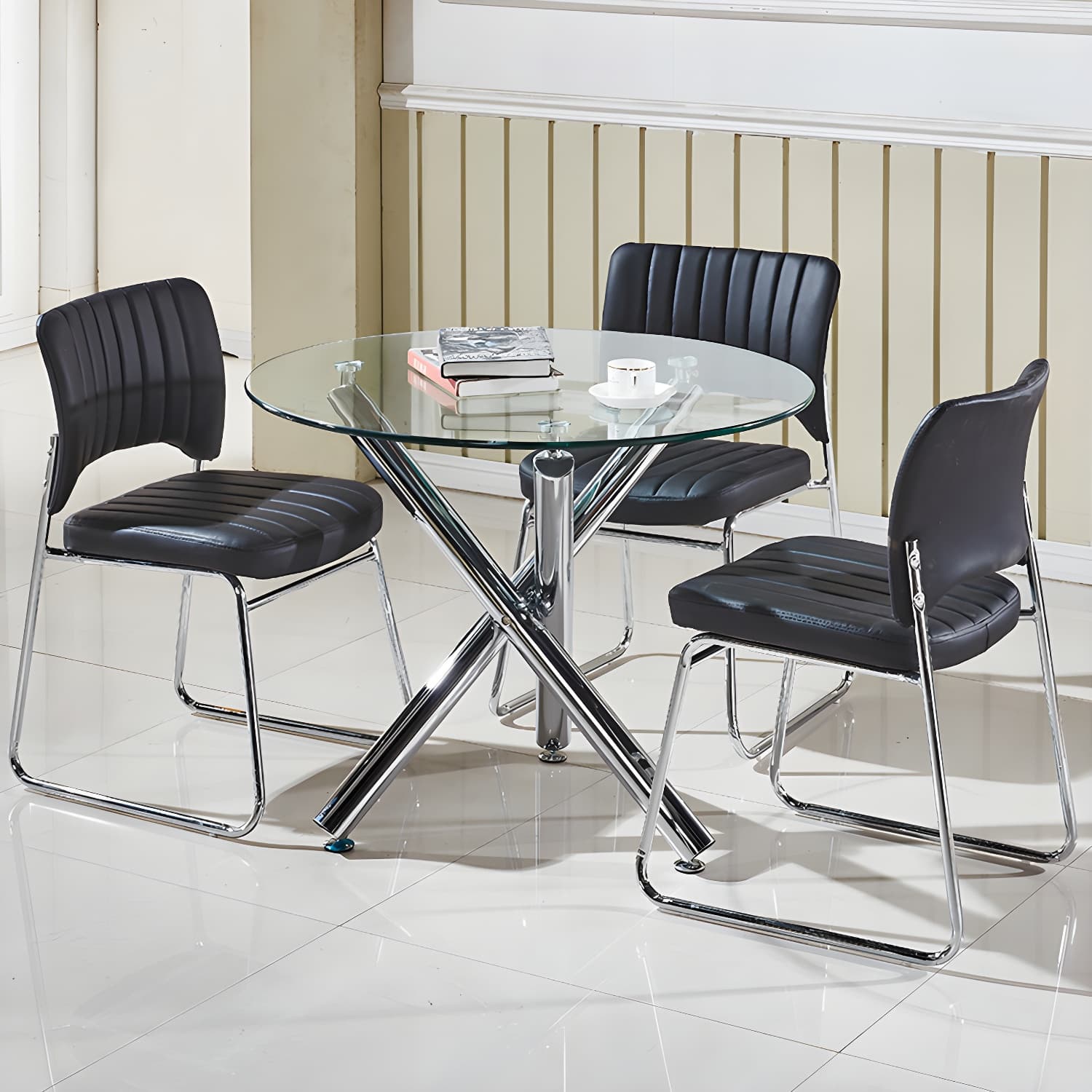 Modern Glass Round Dining Set with Three-Leg Metal Base - Clear, 36-inch Table thumbnail 13