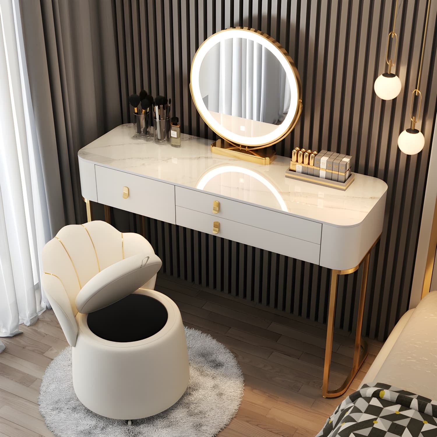 Luxurious Vanity Dressing Table Solid Wood Vanity Set with Stool and Mirror thumbnail 16