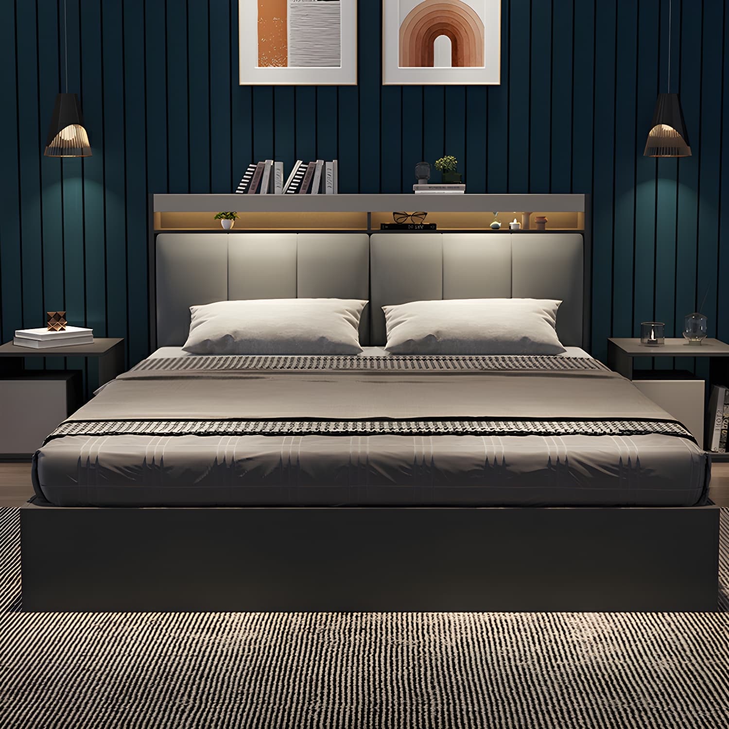 Modern Upholstered Headboard Bed with Storage and Patchwork Design thumbnail 1