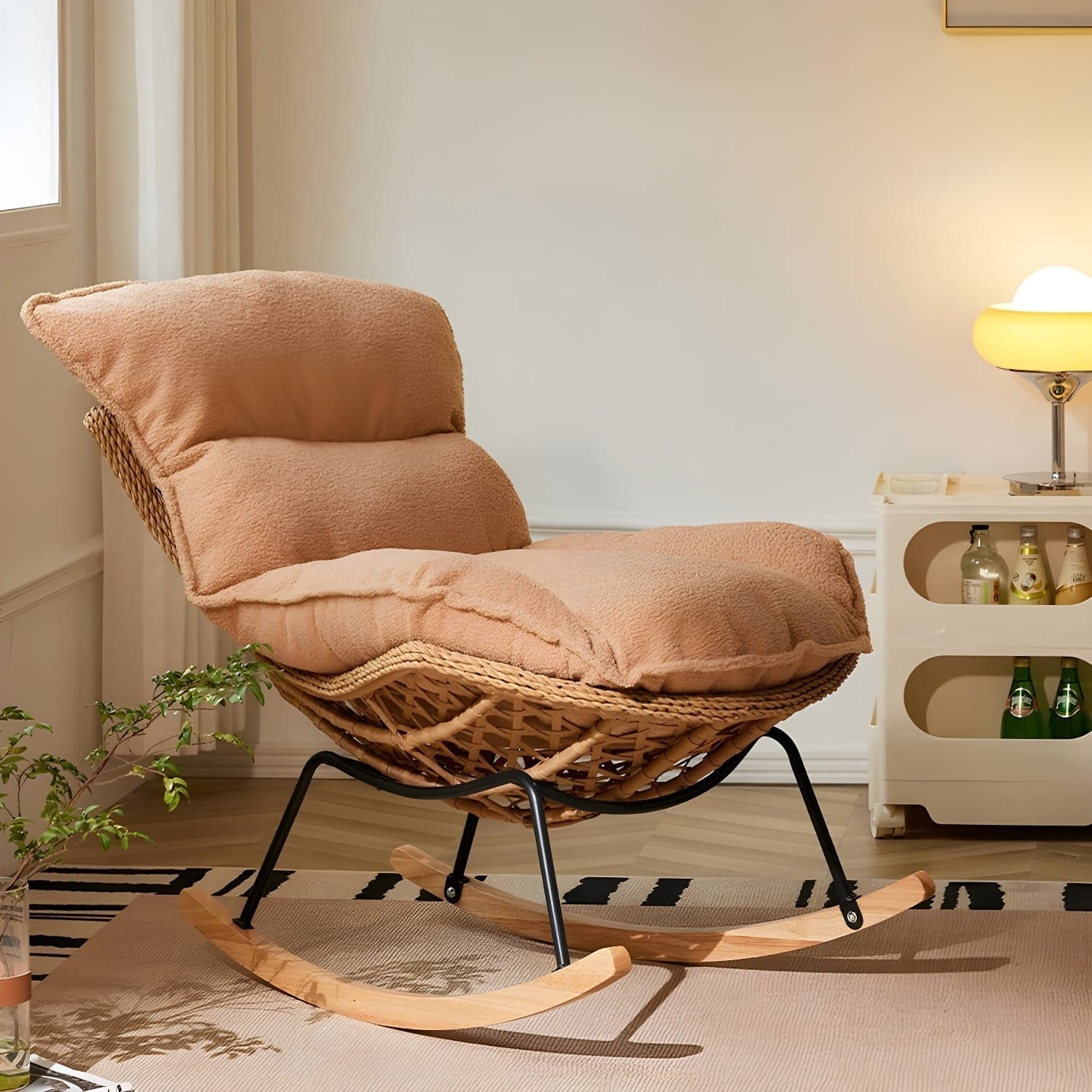 Traditional Armless Design Indoor Rocking Chair with rattan Frame and Nature Wood Legs thumbnail 5