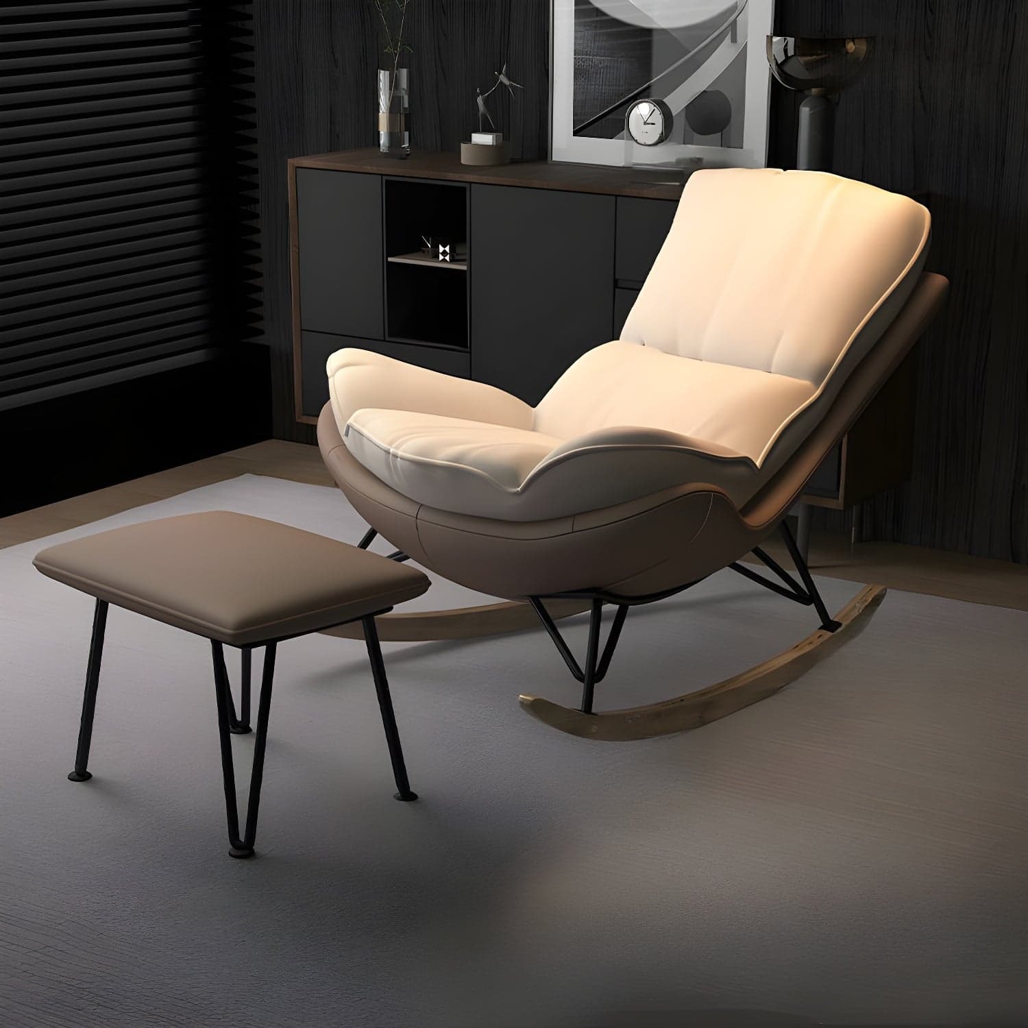 Modern Upholstered Rocking Chair with Natural Wood Legs and Arms, Complete with Ottoman thumbnail 2