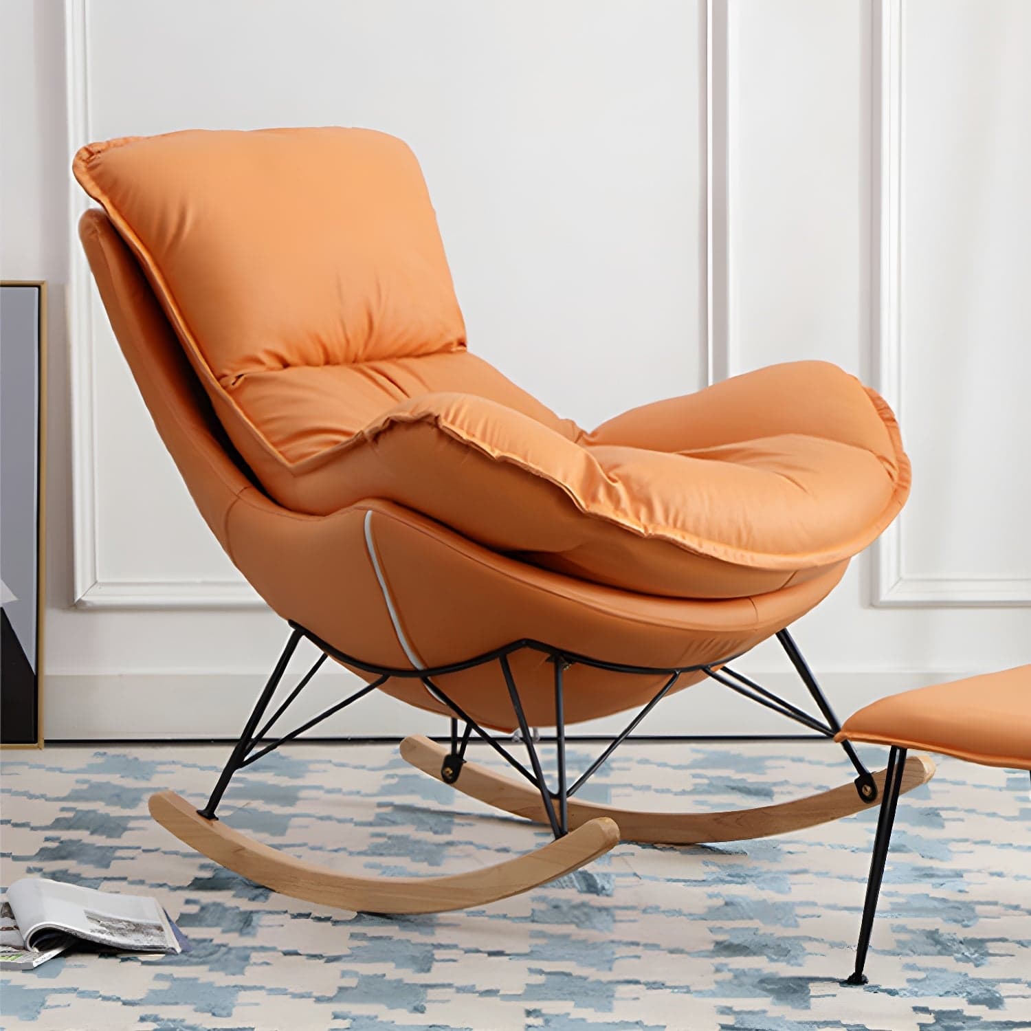 Modern Upholstered Rocking Chair and Ottoman Set - Natural Wood Legs, Stylish Design for Home Decor thumbnail 10