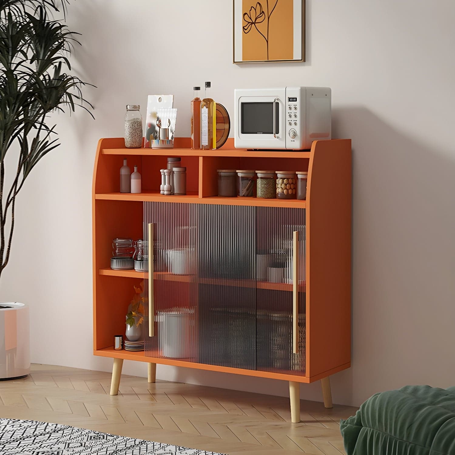 Scandinavian Wood Sideboard Credenza with Acrylic Doors and Cabinet Storage thumbnail 5