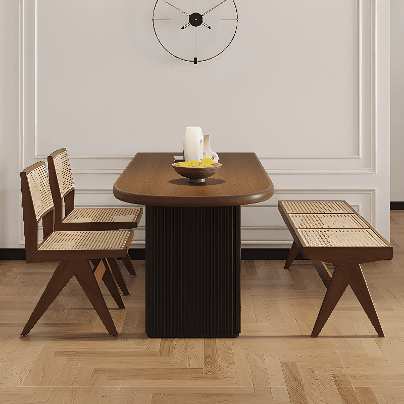 Minimalist Peninsula Dining Table Set with Wood Slab Top, Two-sided Pedestal Base, Fixed Table in Auburn thumbnail 2
