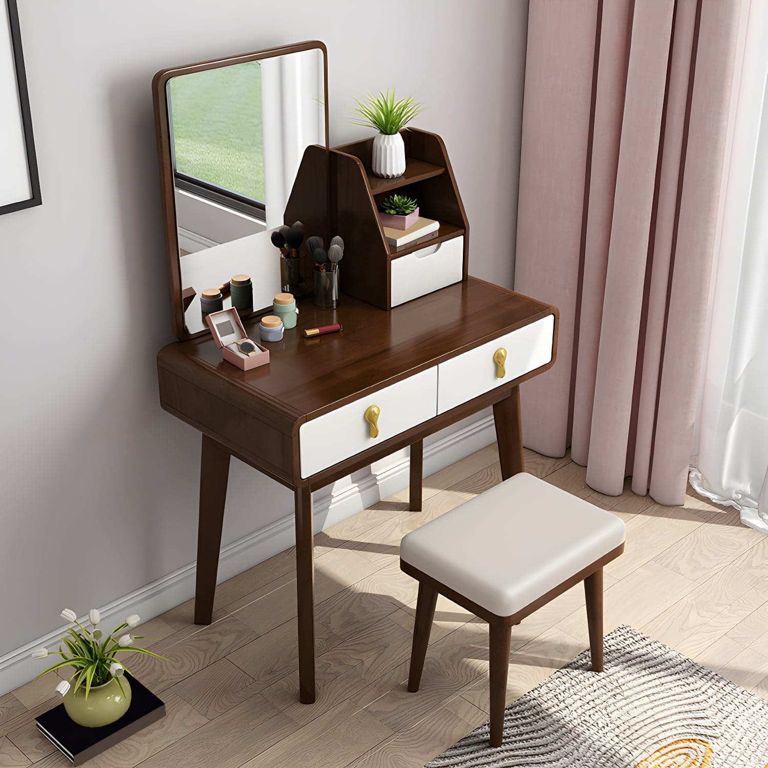 Scandinavian 3-Drawer Dressing Table Solid Wood Vanity Makeup Table Set thumbnail 4