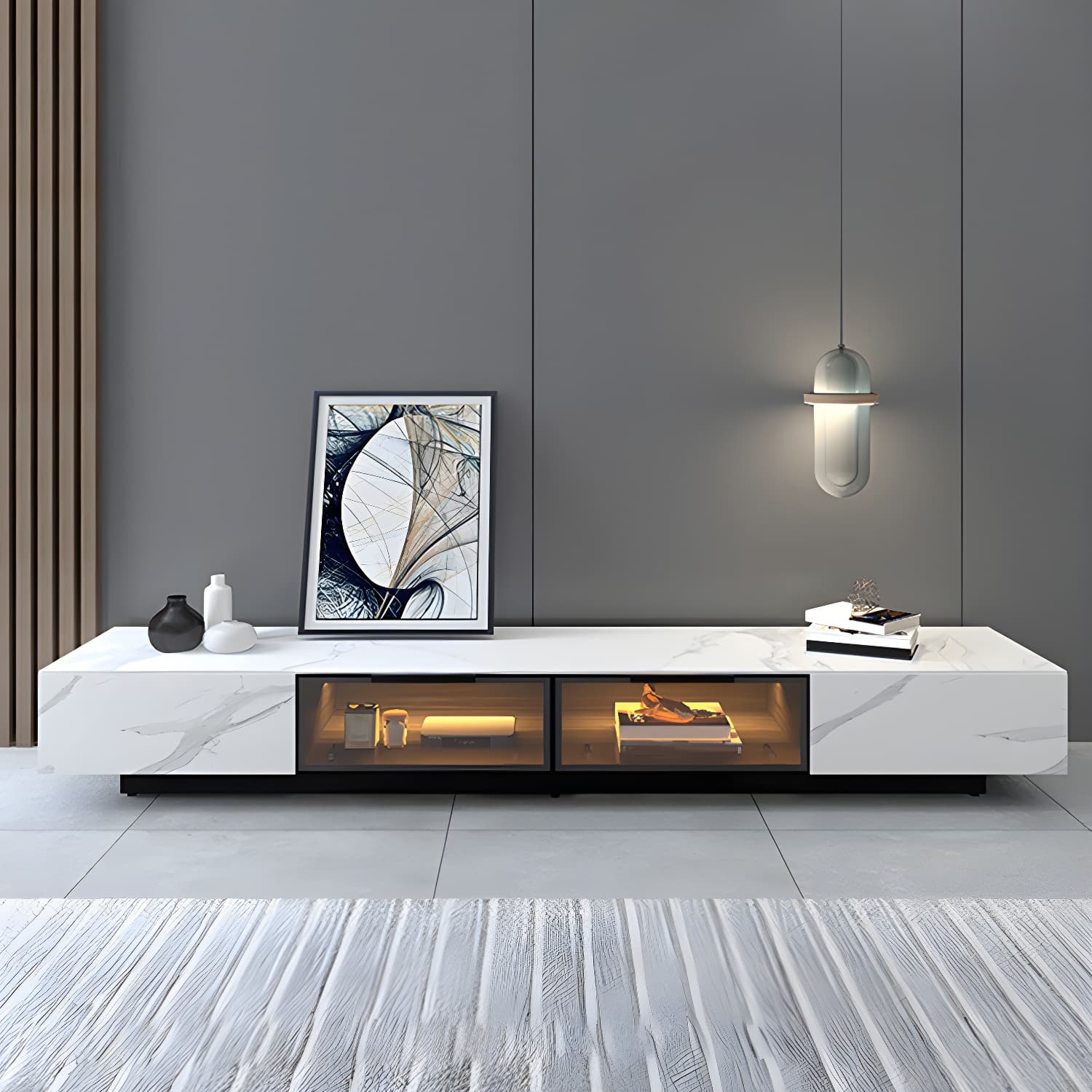 Modern Slate TV Stand White Closed Storage TV Console with Sensor Light thumbnail 1