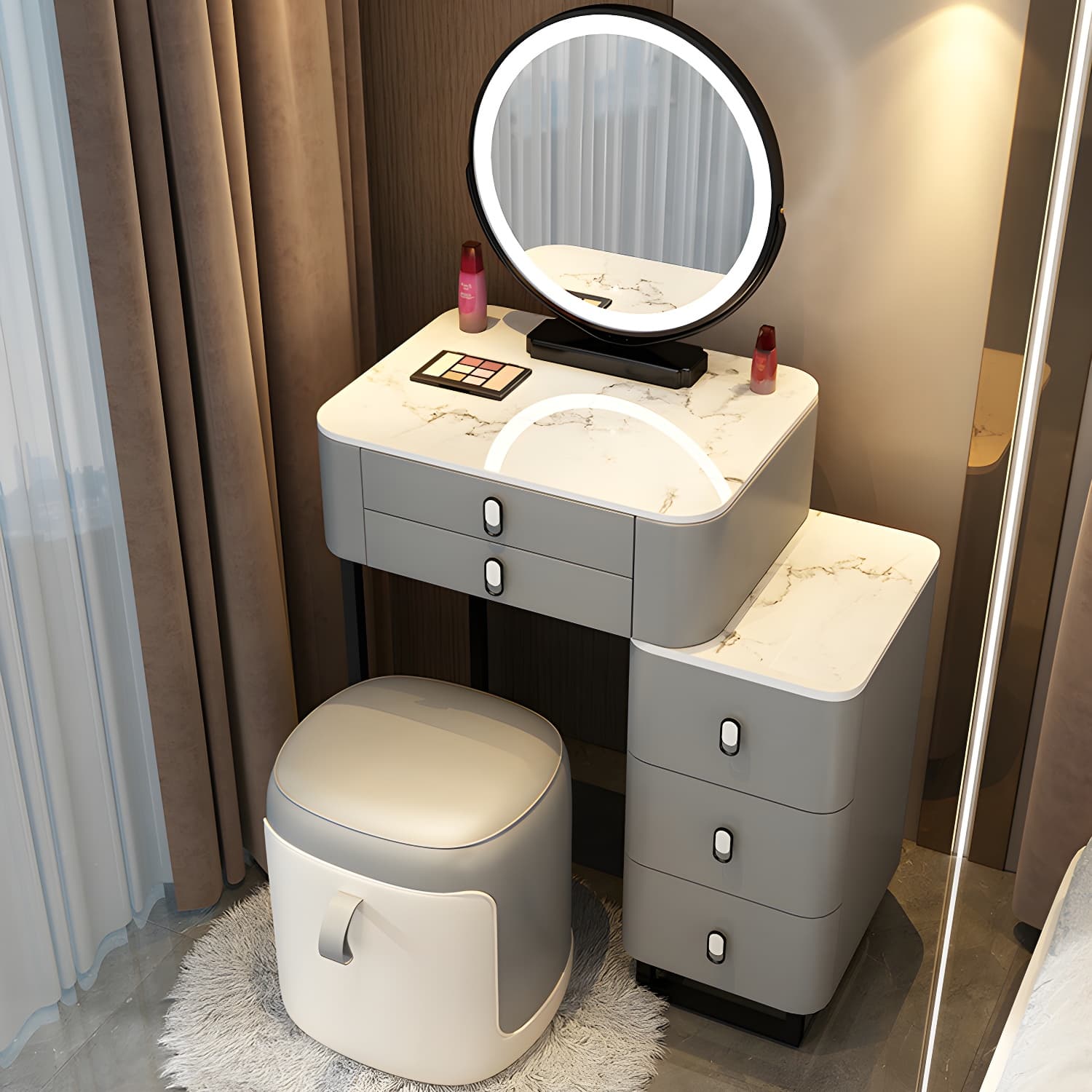 Stone Top Vanity with Storage Drawers Makeup Vanity Desk with Stool and Mirror thumbnail 2