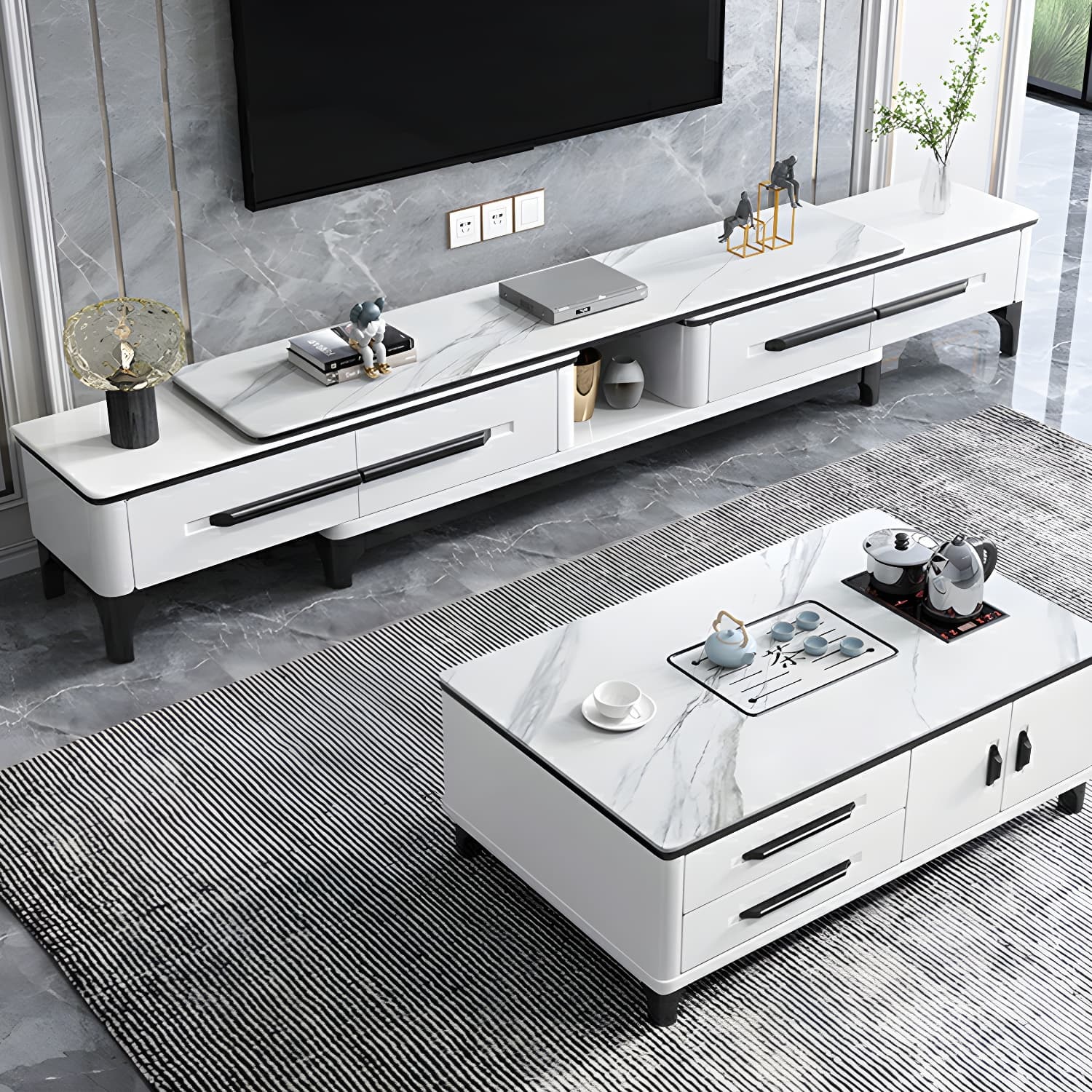 Modern Stone TV Stand with Long Length, Open Storage and Drawers featuring Wood Shelves thumbnail 7