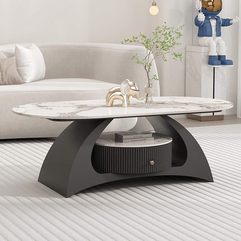 Mission Style Single/Bunching Slate Top Abstract Base White Oval Board Game Coffee Table with 1 Drawer thumbnail 7