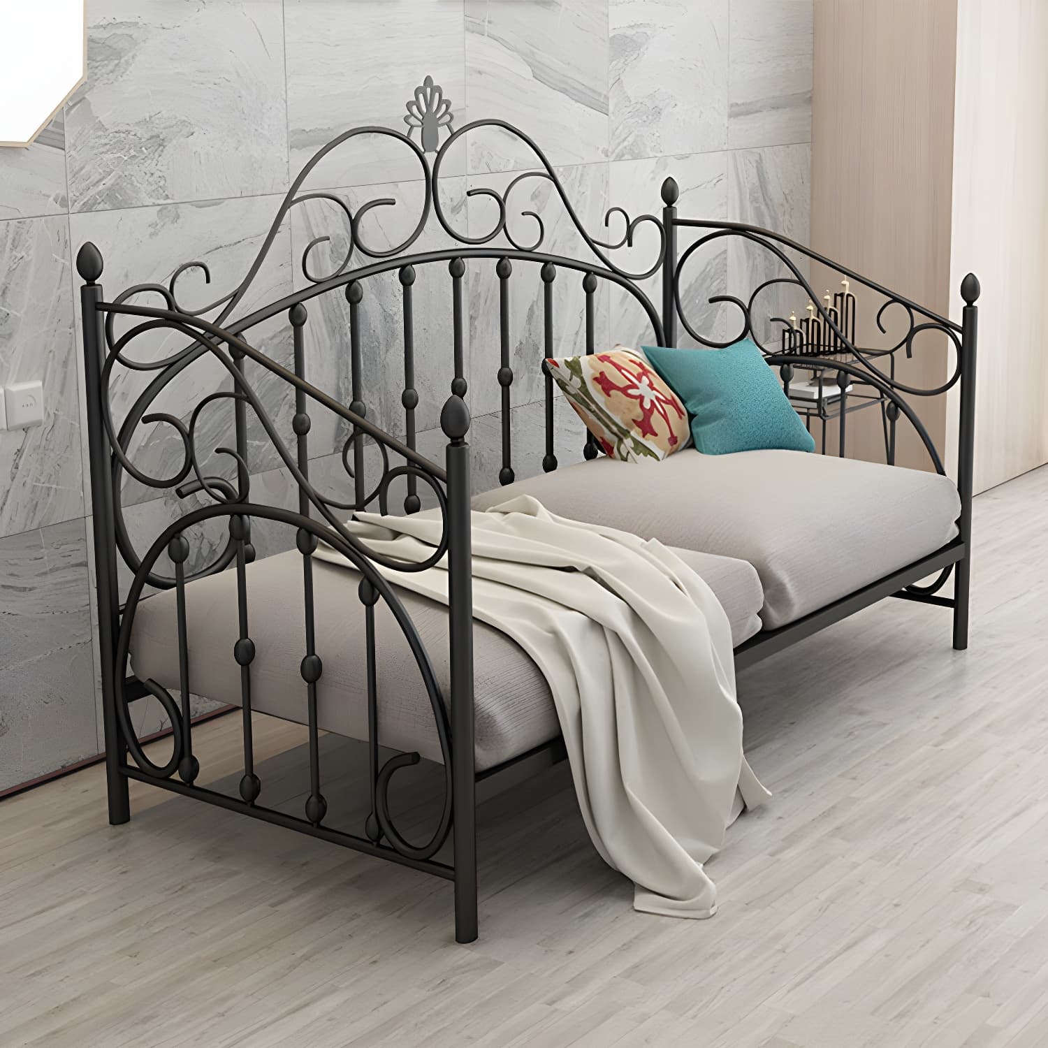 Luxurious Open-Frame Bed 45.28-inch High Metal Child's Bed with Headboard thumbnail 1