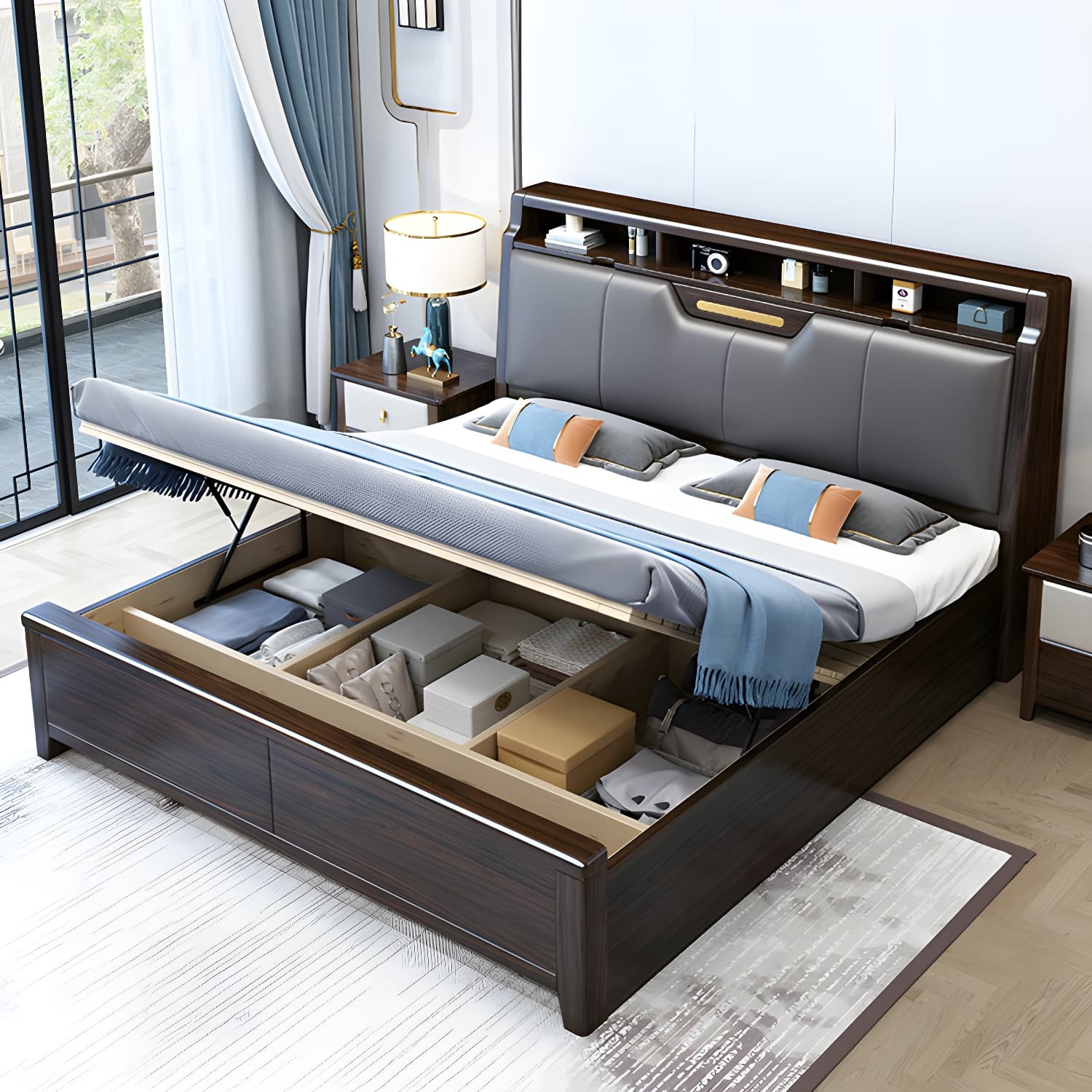 Brown Upholstery Wood Bed with Headboard – Modern Style, Full Assembly Needed thumbnail 4