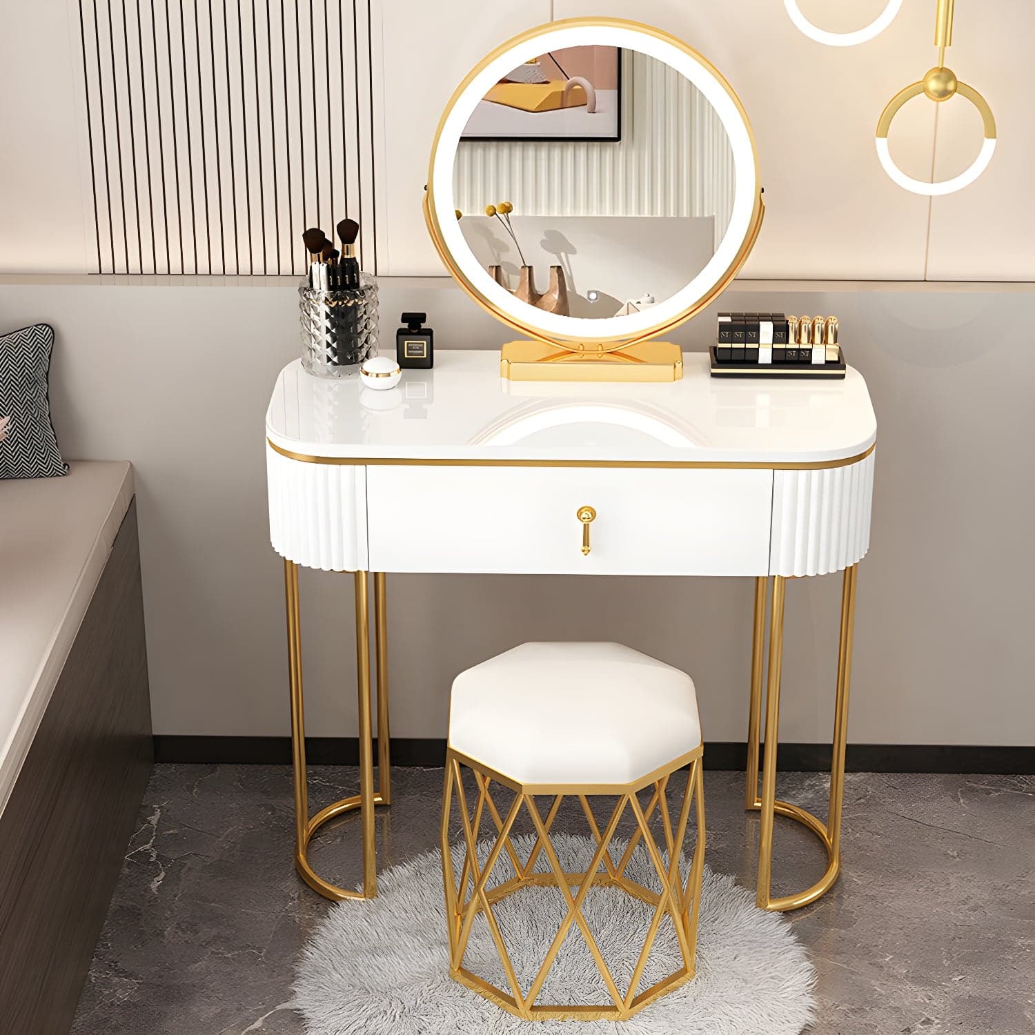Lighted Mirror Makeup Vanity Storage Box Vanity Dressing Table for Bedroom thumbnail 2