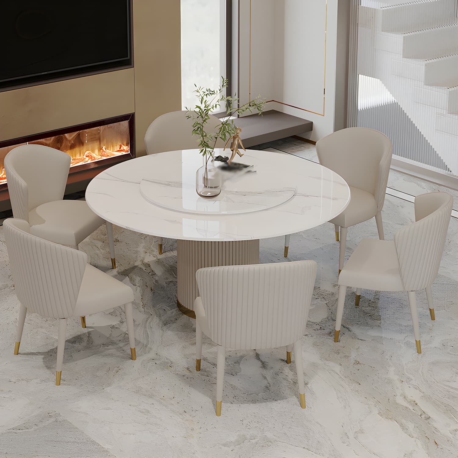 Modern 1/4/5/7 Pieces Round Dining Set Sintered Stone Dining Table Set with Leather Chairs thumbnail 10