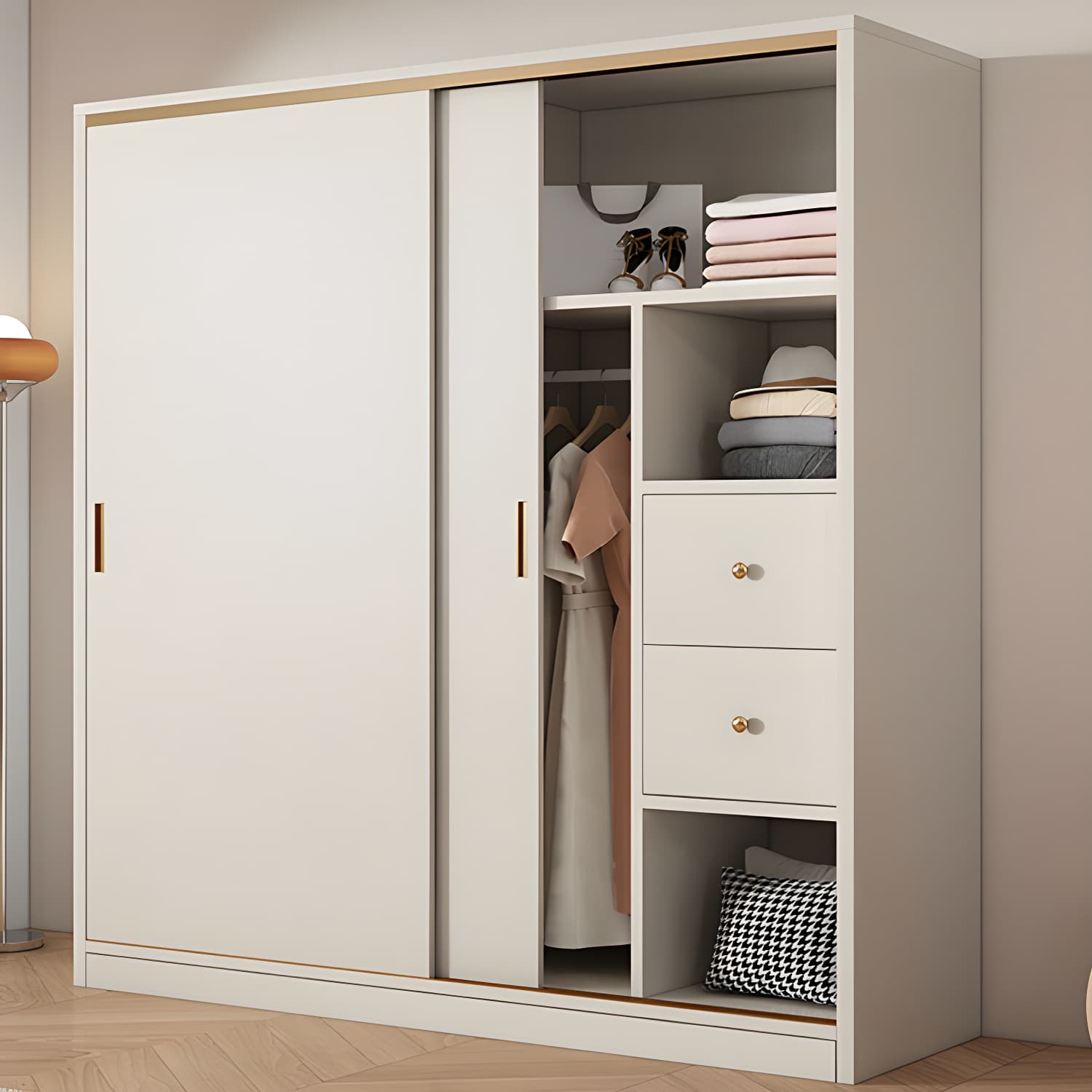 Modern White Wood Wardrobe Armoire with Sliding Doors and Soft Close Drawers thumbnail 2