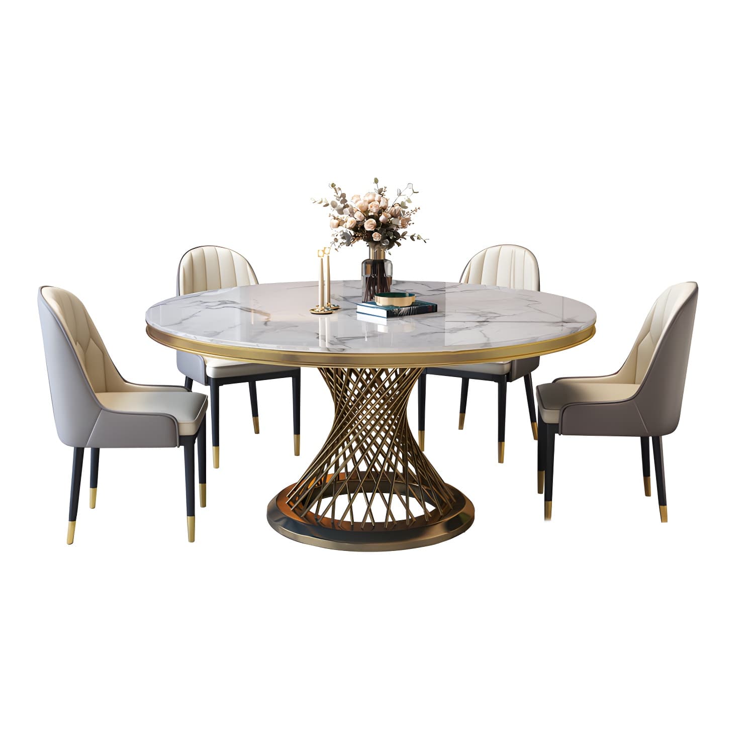 Glam Round Marble Dining Set with Gold Metal Pedestal Base - Fixed Table in White thumbnail 10