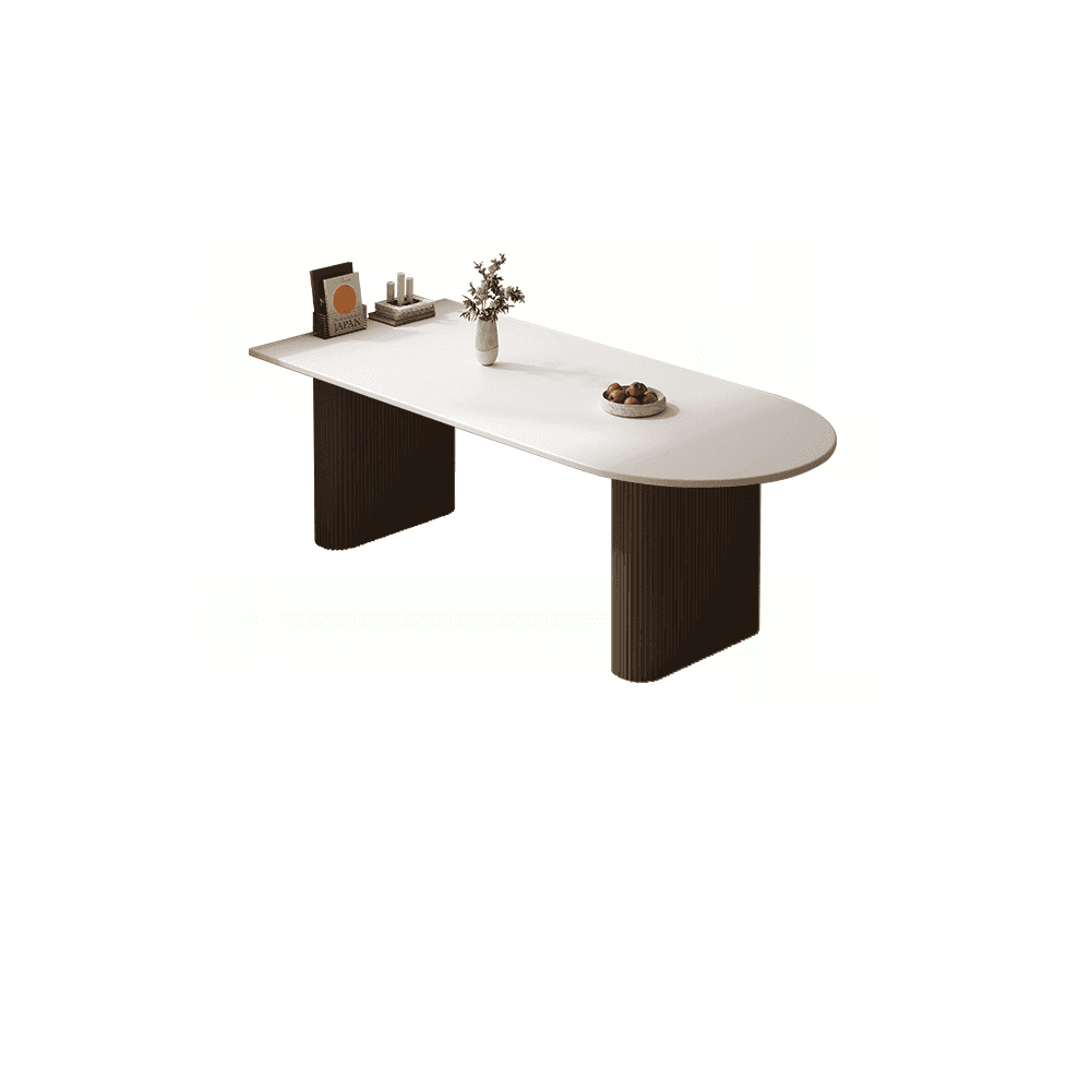 Minimalist Dining Table Set with White Slate Top and Two-sided Pedestal Base, Featuring a Fixed Table thumbnail 1