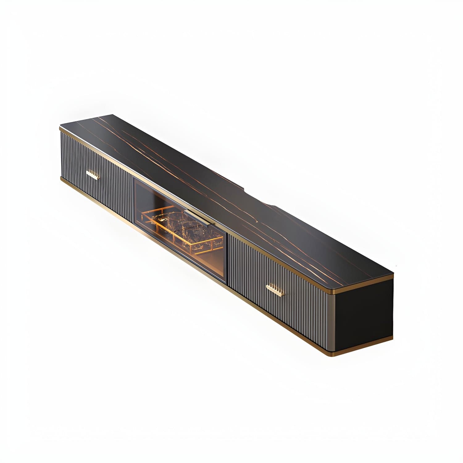 Glam Floating TV Media Stand with Drawers Stone and Wood TV Stand thumbnail 2
