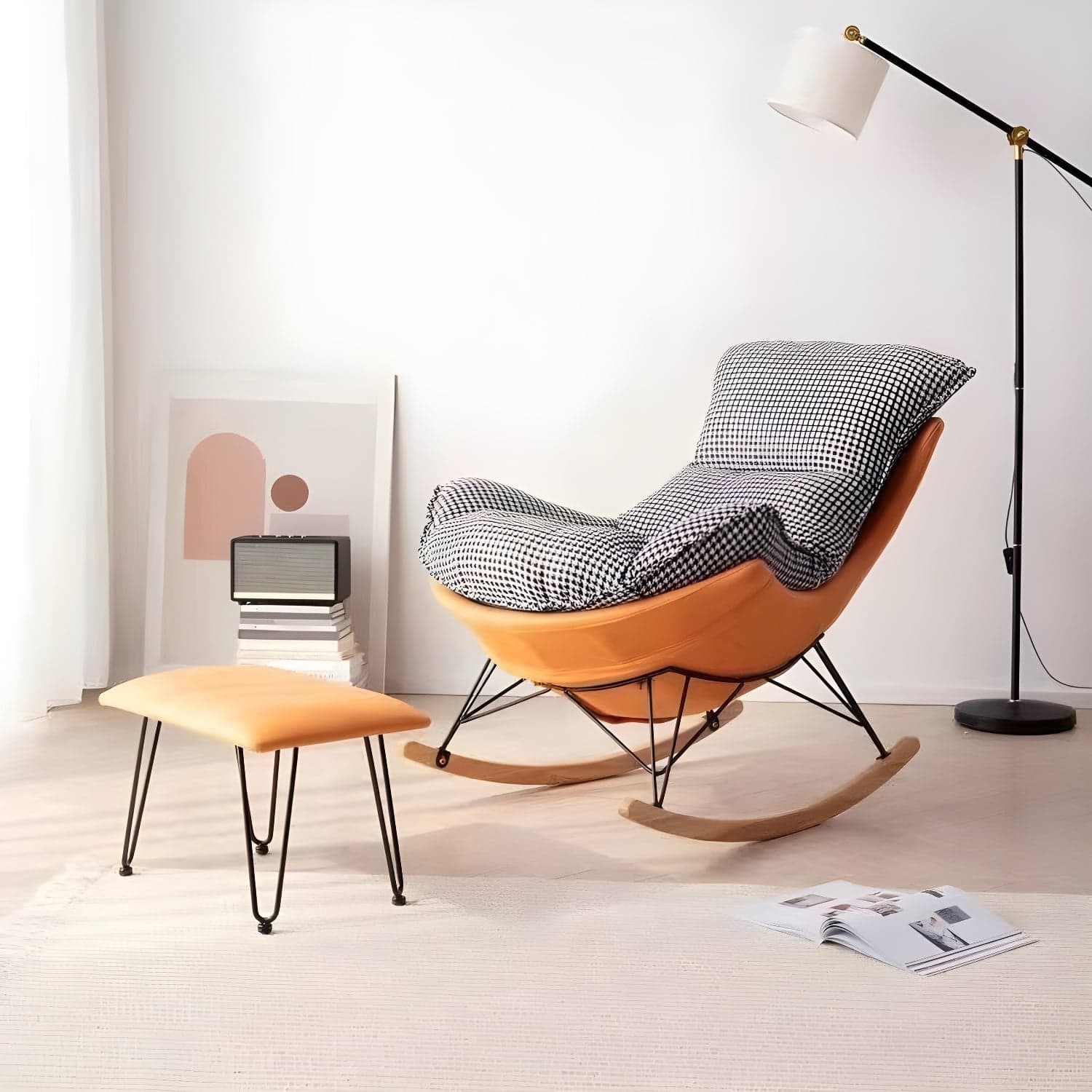 Modern Glider Chair Solid Pure Color Faux Leather Rocker Chair with Ottoman thumbnail 7