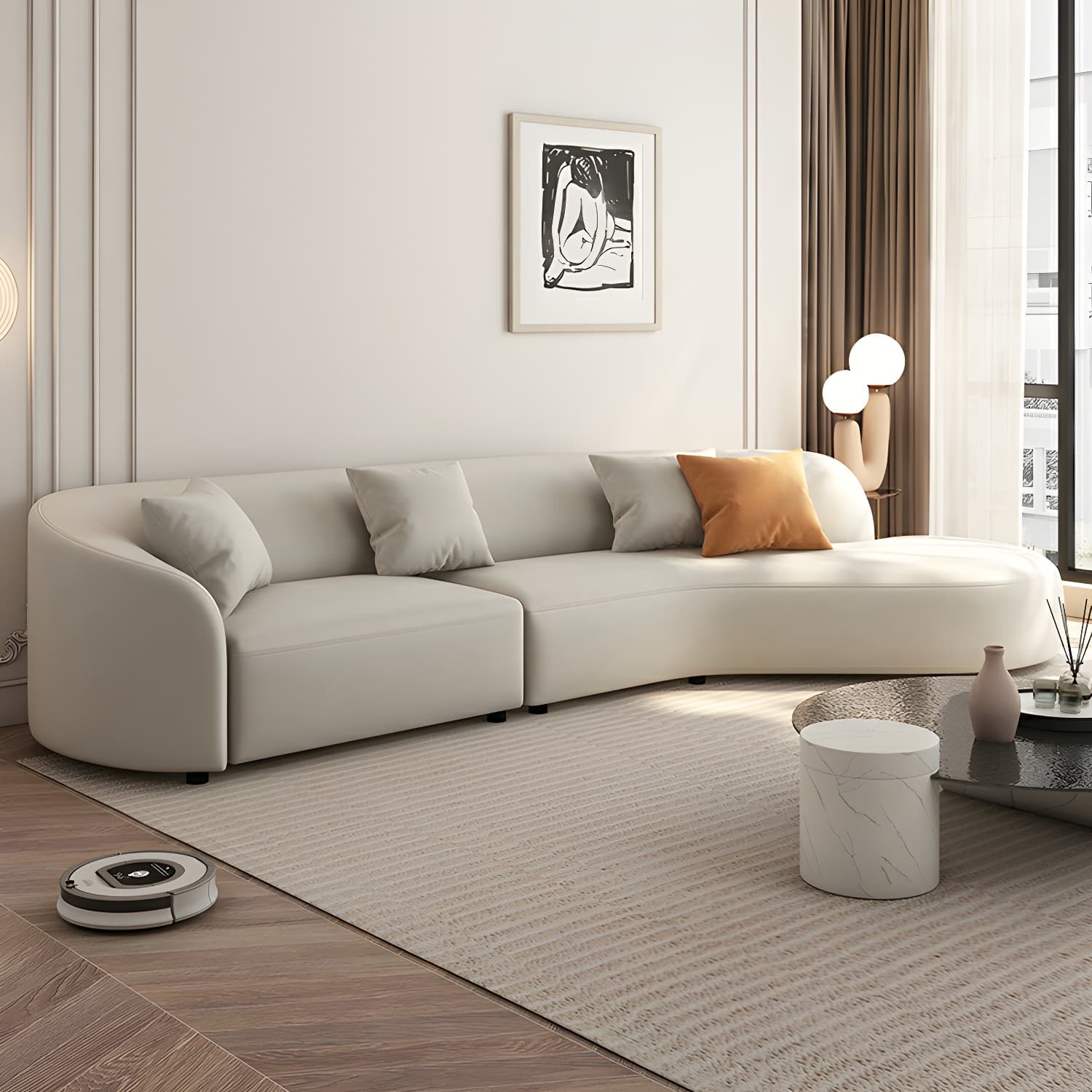Modern Beige Tech Cloth Stationary Sectional Sofa with Wood Frame and Flared Arms thumbnail 10