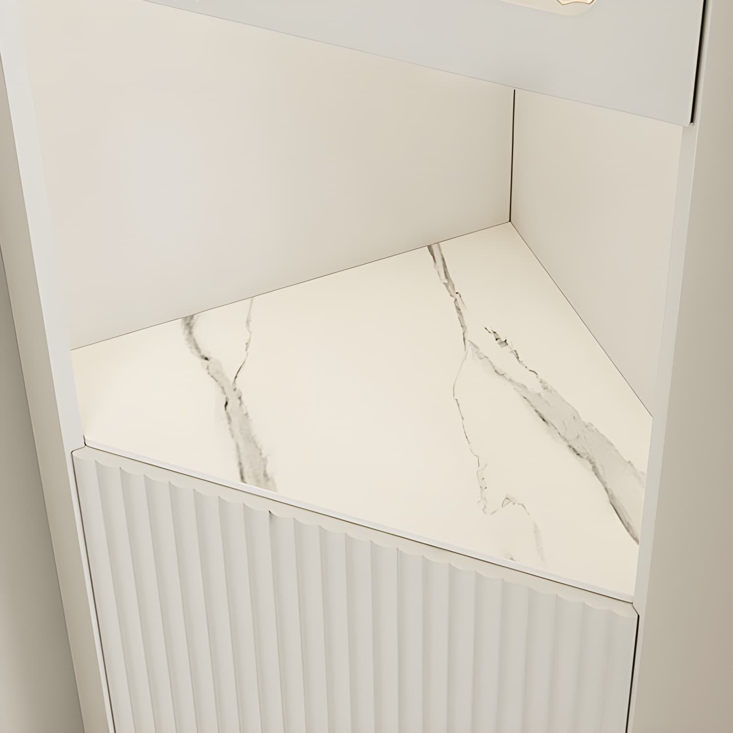 White Corner Modern Accent Cabinet with Stone Countertop, Glass Doors, and Cabinet Included thumbnail 10