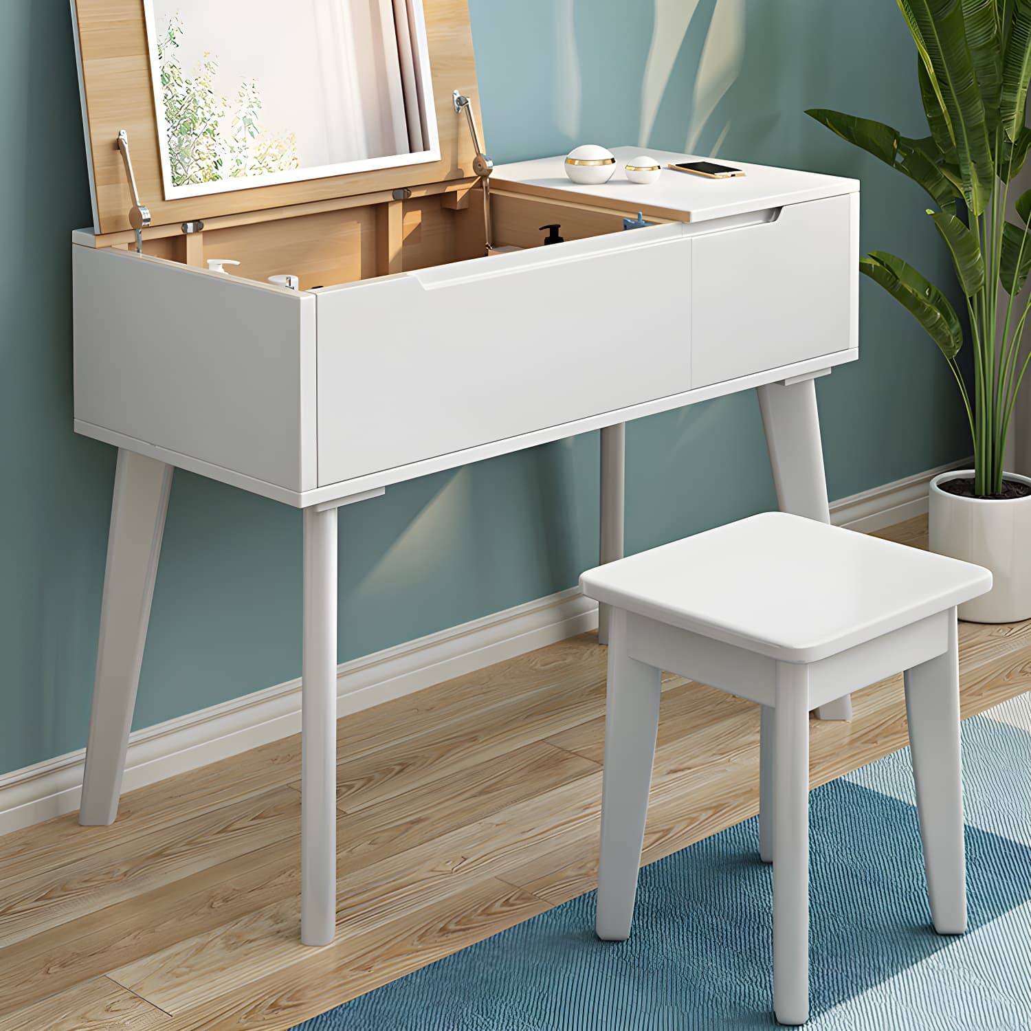 Scandinavian 29.52" Height Solid Wood Table Makeup Vanity with Mirror thumbnail 7
