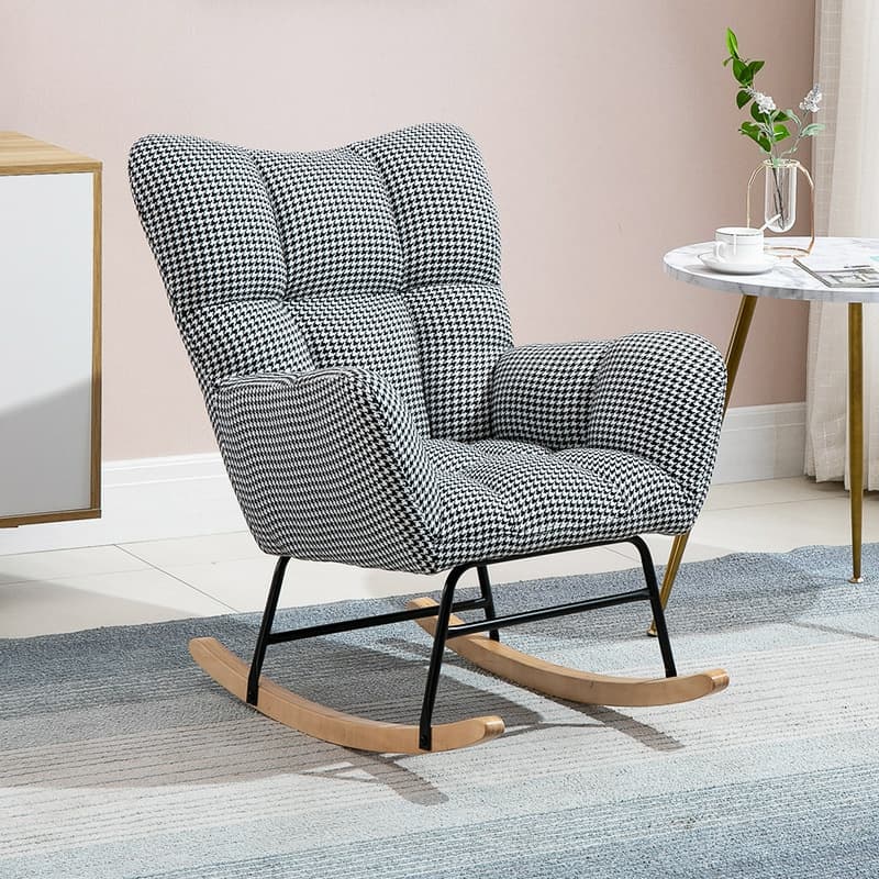 Cotton Cushioned Seat & Back Stationary Rocking Reading Chair with Flared Arm, Footstool, Wing Back & Light Wood Legs thumbnail 8