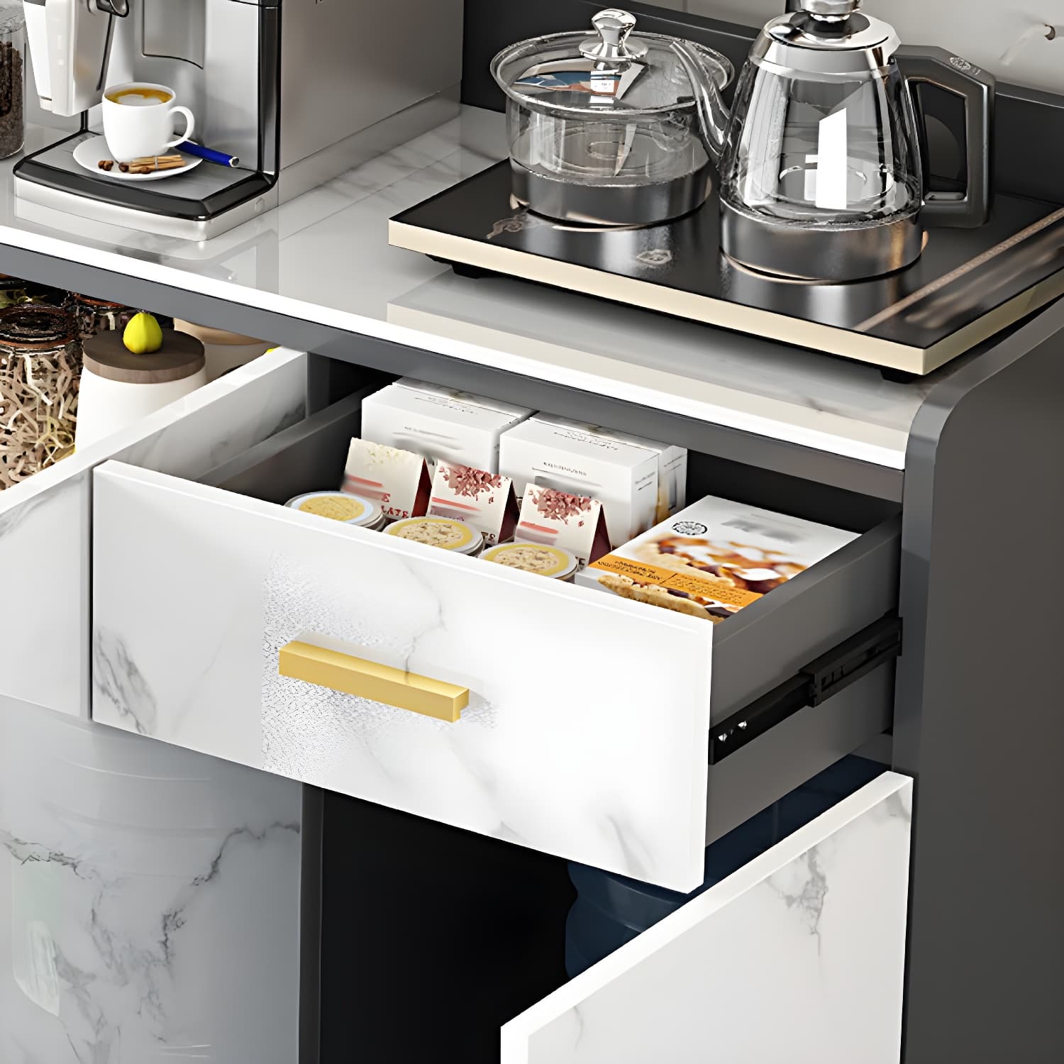 Modern Stone Top Shelves Included Sideboard with White & Grey Manufactured Wood Door - image 10