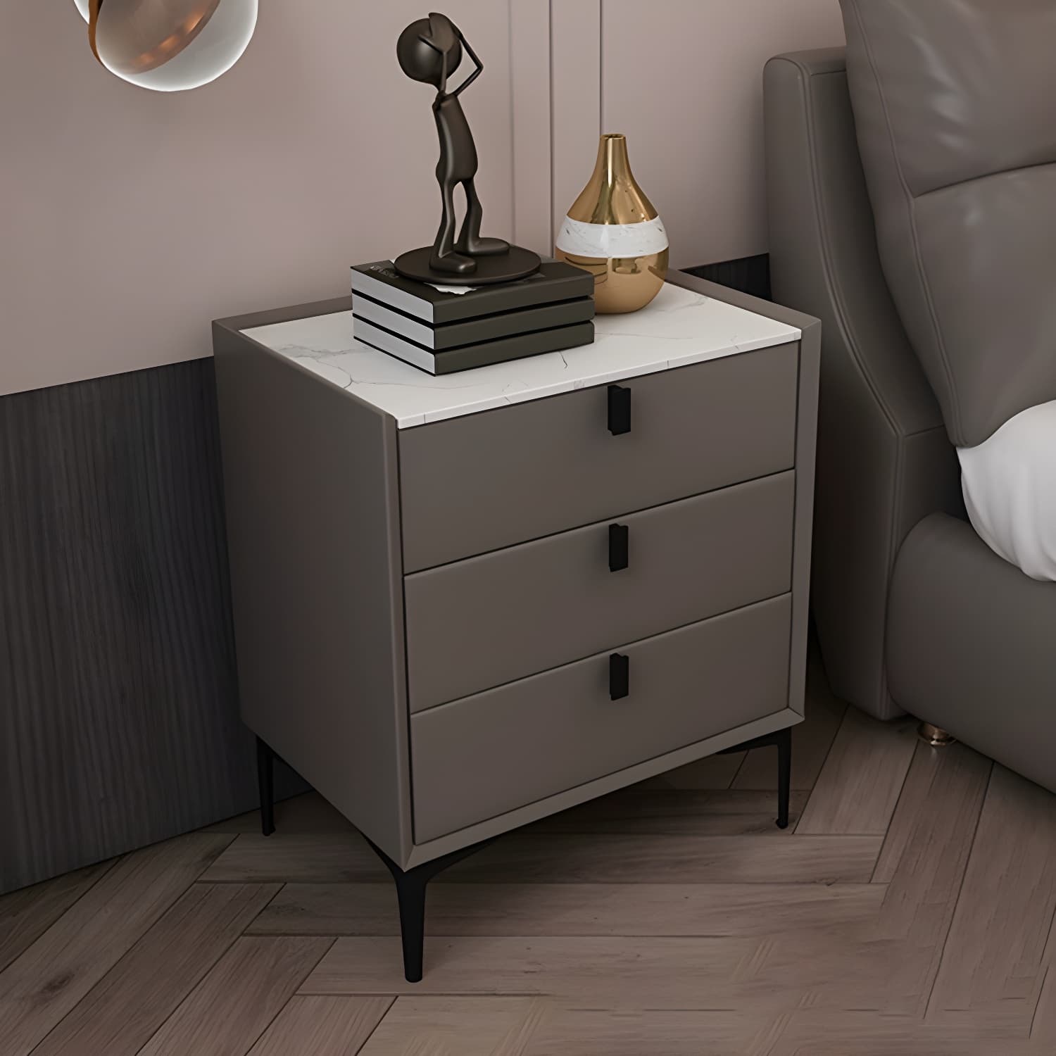 Glam Style Sintered Stone Top 3 Drawers Nightstand for Bedroom thumbnail 6