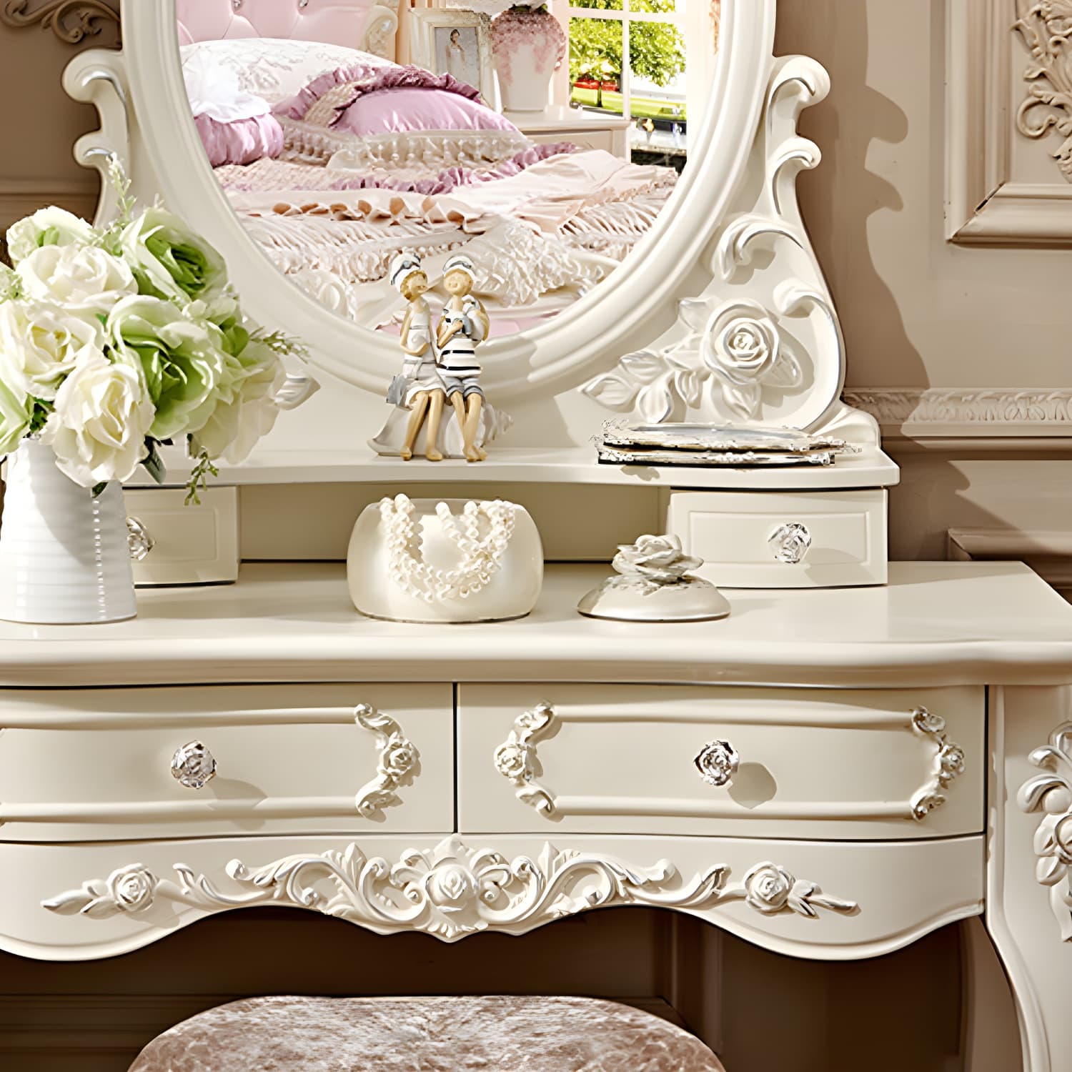 Victorian Makeup Vanity Desk Wood Makeup Vanity Set with Drawer thumbnail 10