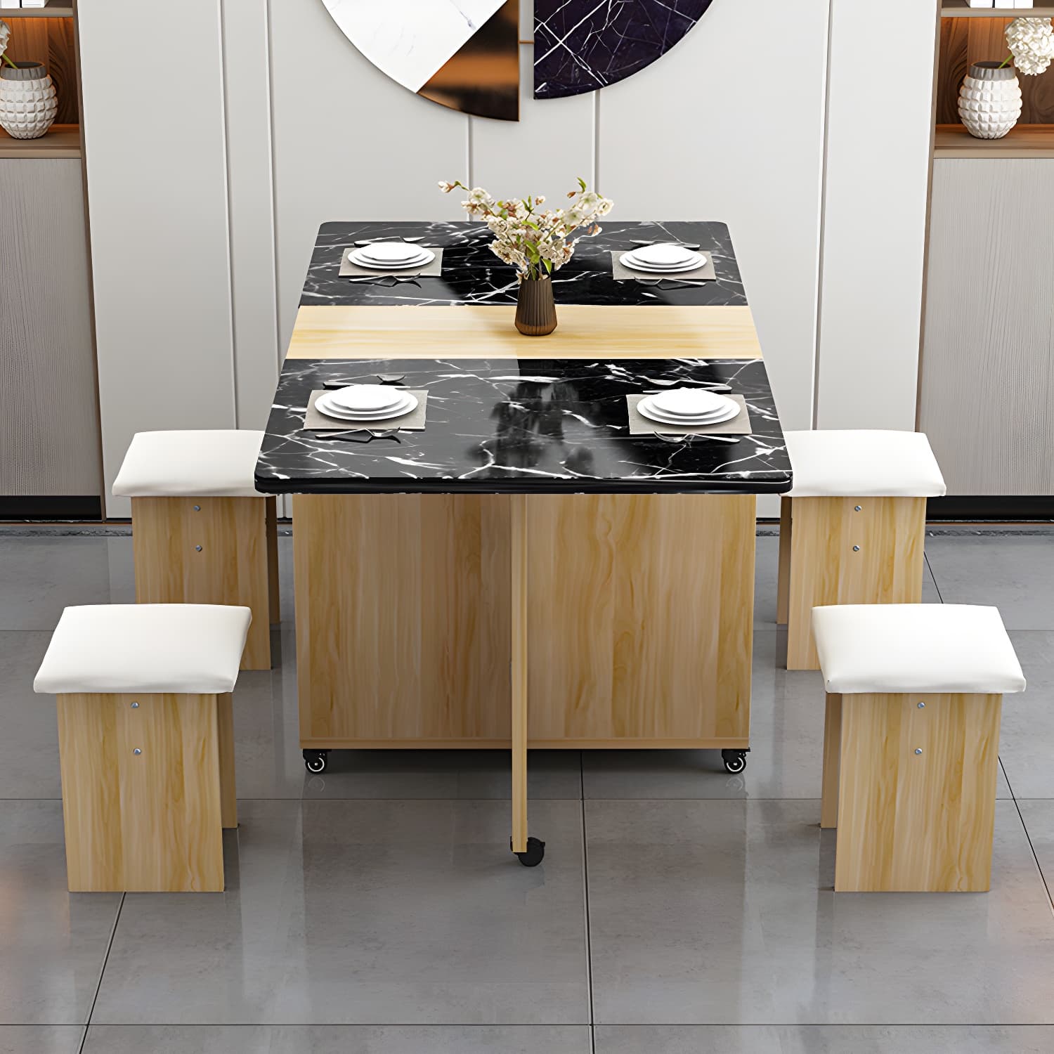 5-Piece Modern Wood Dining Set with Rectangle Table and White Backless Stools thumbnail 11