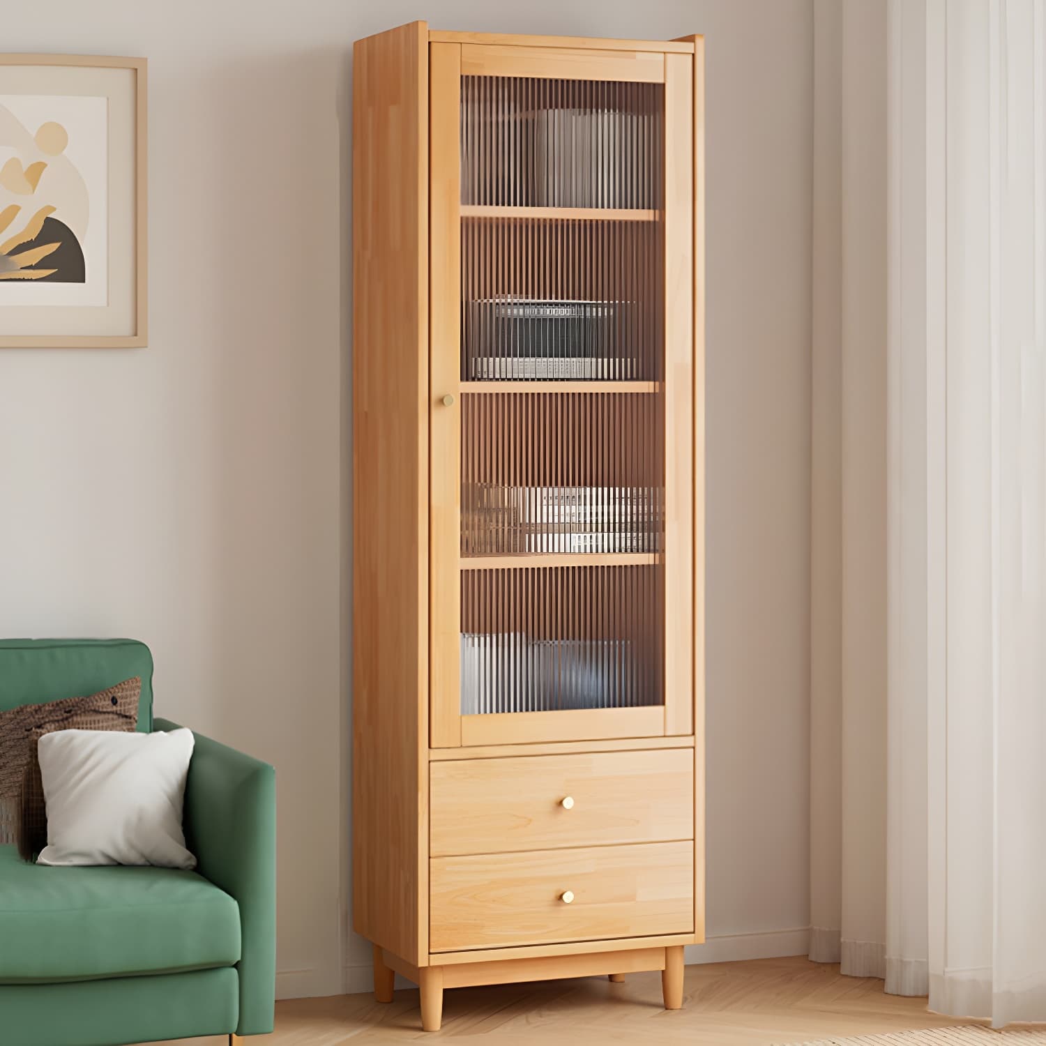 Scandinavian Glass Door Wood Cabinet with Drawers and Adjustable Shelves - Elegant Storage Furniture thumbnail 7