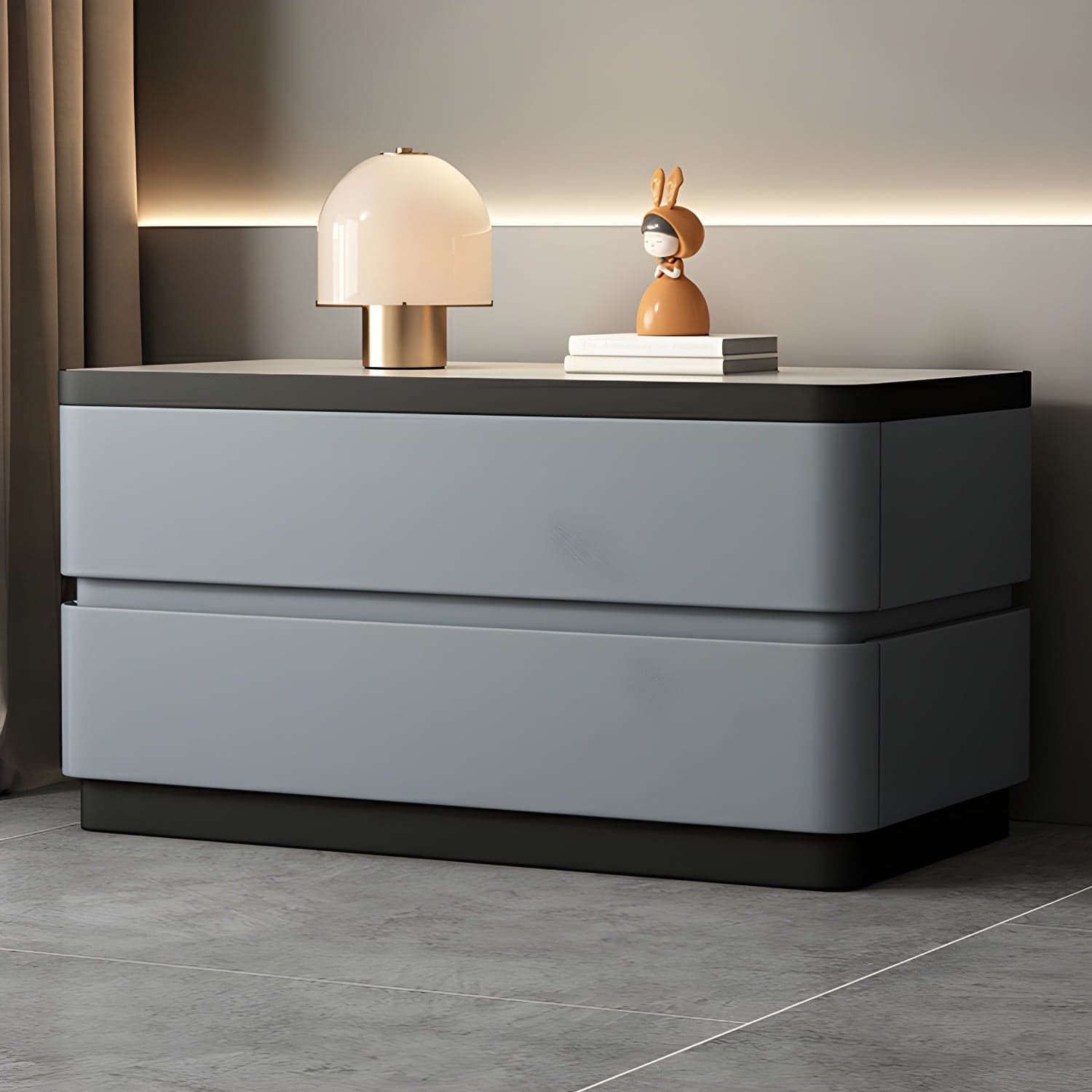 Modern Faux Leather Nightstand with 2 Drawers and Stone Countertop for Bedroom thumbnail 4