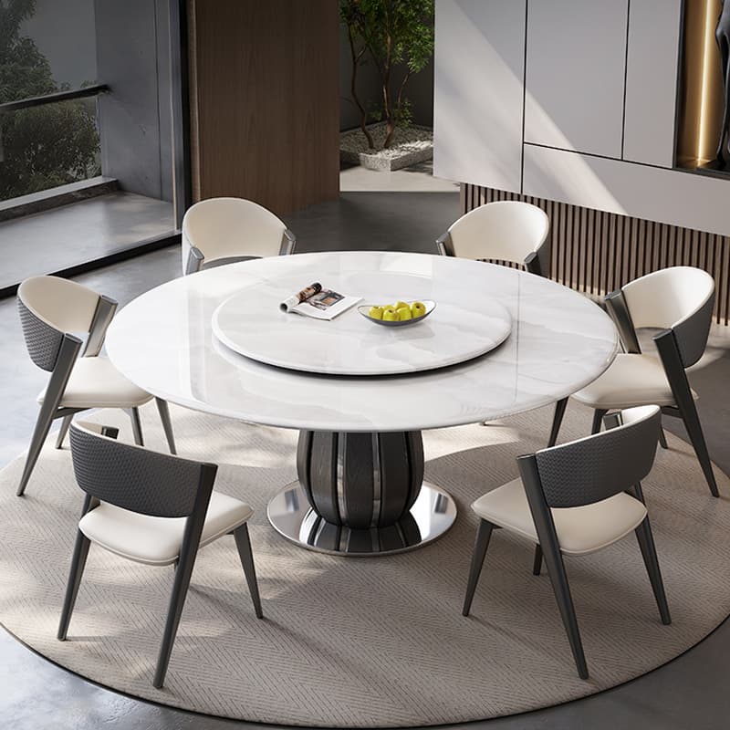 Circular-shaped Slate Stone Dining Table Set with Stump Base, Upholstered Back Chairs, Seats 6 People thumbnail 1