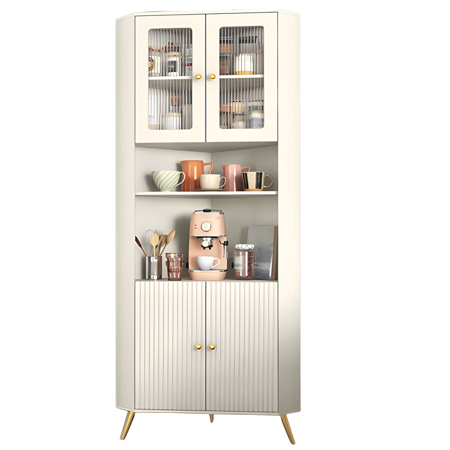 Modern Corner Accent Cabinet with White Wood Countertop, Glass Doors, and Gold Metal Base thumbnail 10