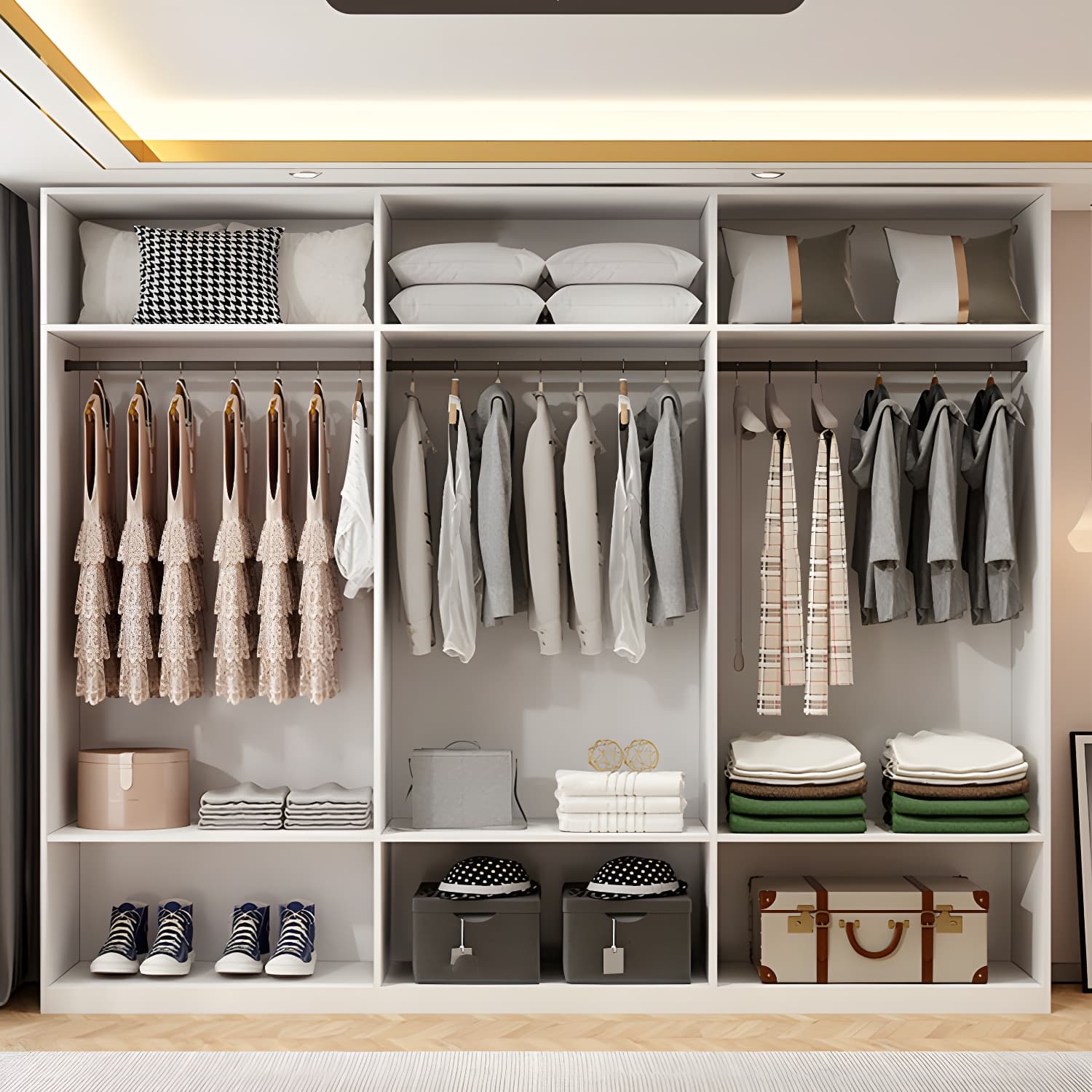 Modern Solid Color Shelves Hinged Doors Cloth Rod Included Cabinet in Beige thumbnail 11