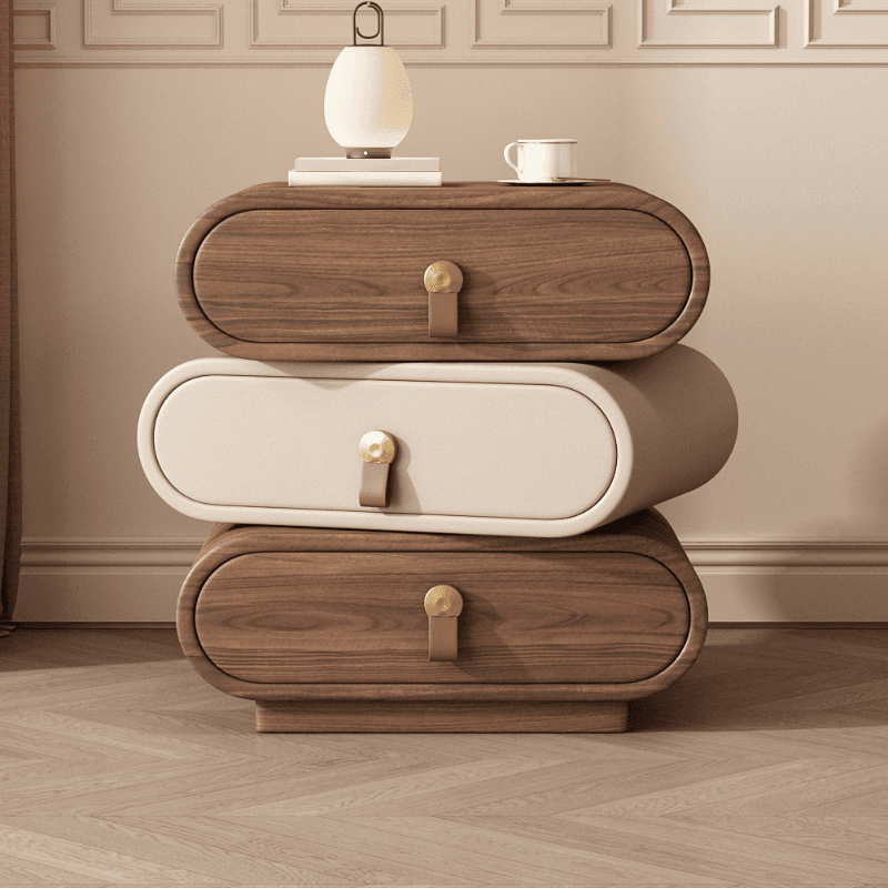 Art Deco Drawer Storage Nightstand with 3 Drawers and Natural Wood/Pleather Countertop thumbnail 8