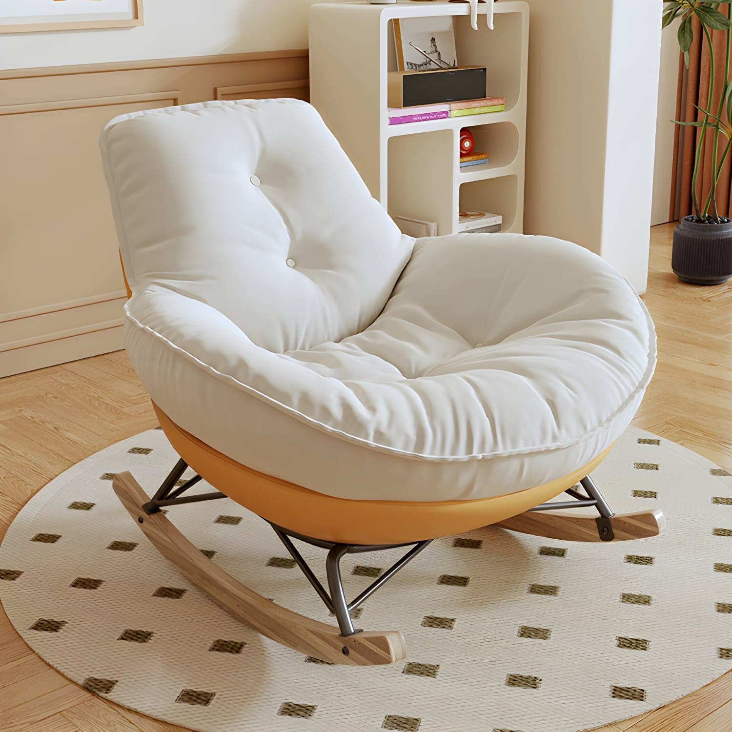 Indoor Contemporary Rocking Chair with Beige Upholstered and Wood Legs thumbnail 4