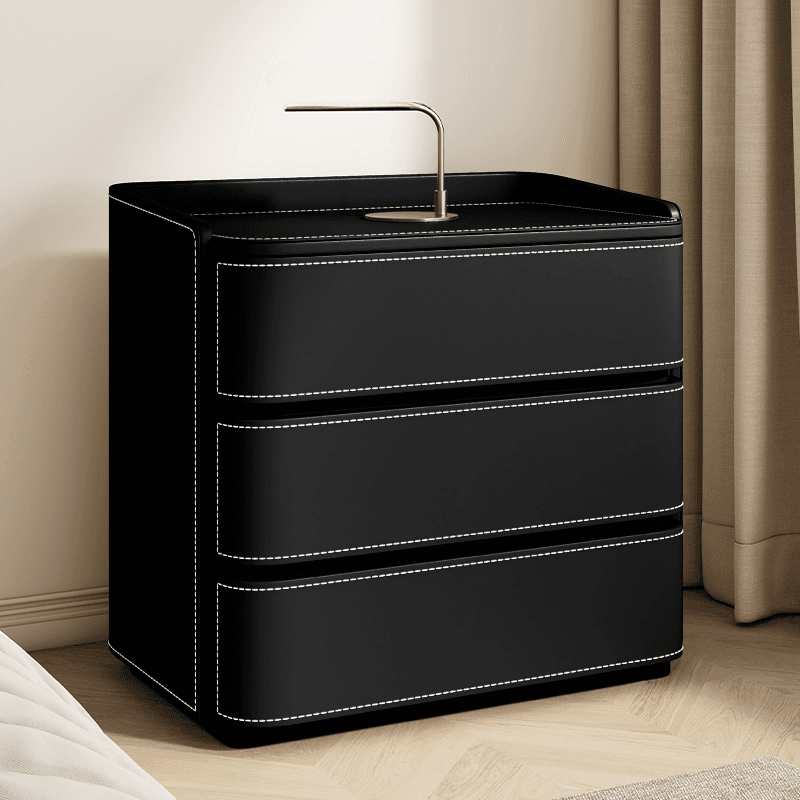 Contemporary 3 Tiers Genuine Leather Drawer Storage Bedside Table thumbnail 1