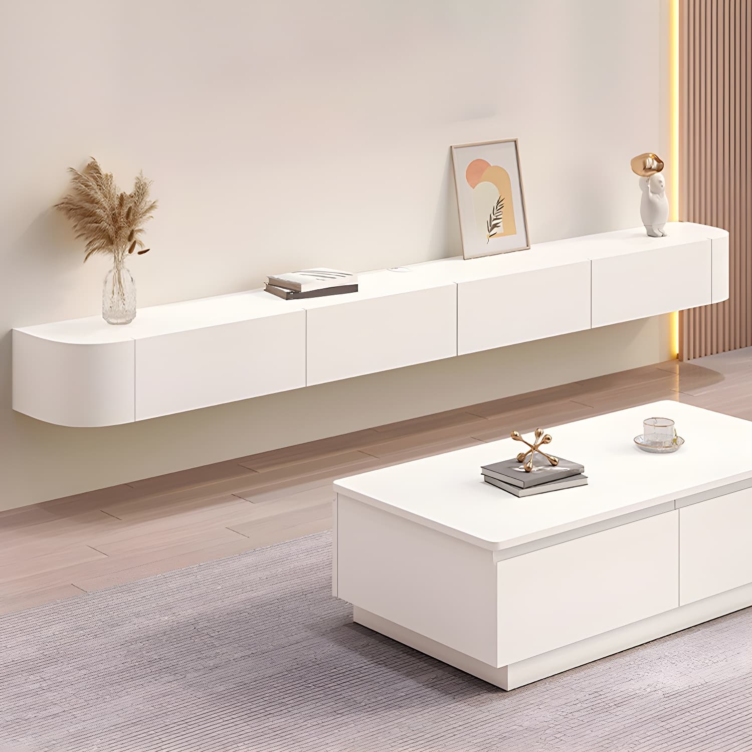 Contemporary Solid Wood Wall-mounted TV Media Stand with Drawers thumbnail 4