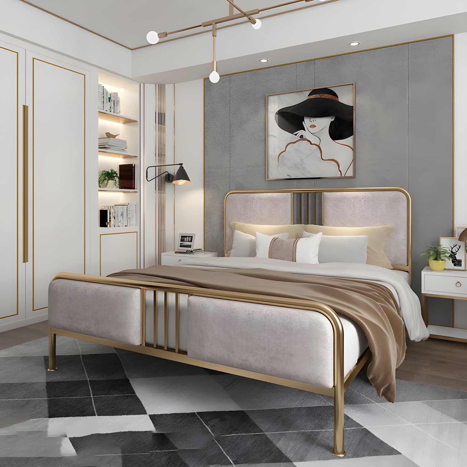 Glam Metallic Open-Frame Bed with Fabric Upholstered Headboard thumbnail 5