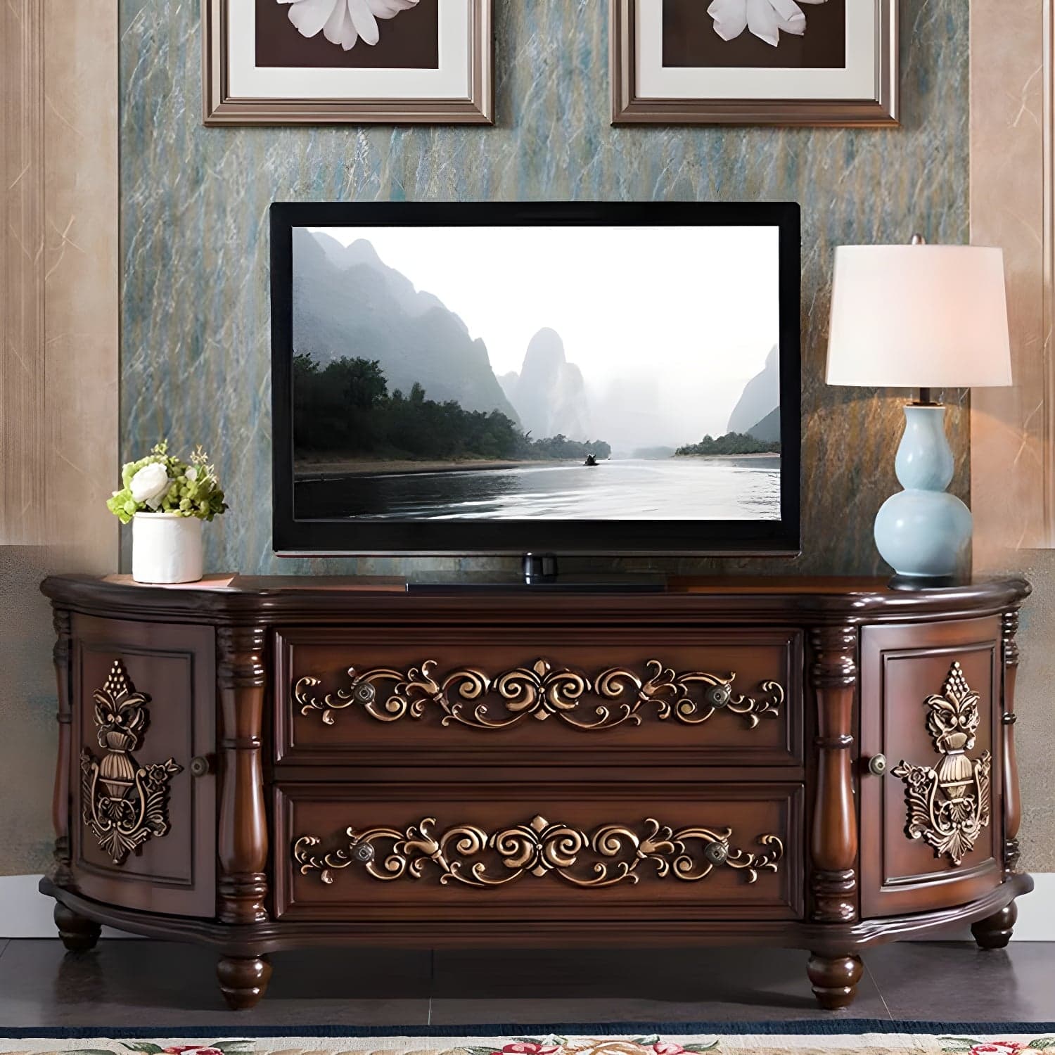 Traditional Birch Wood Media Console Matte Finish TV Media Stand with Drawers thumbnail 4