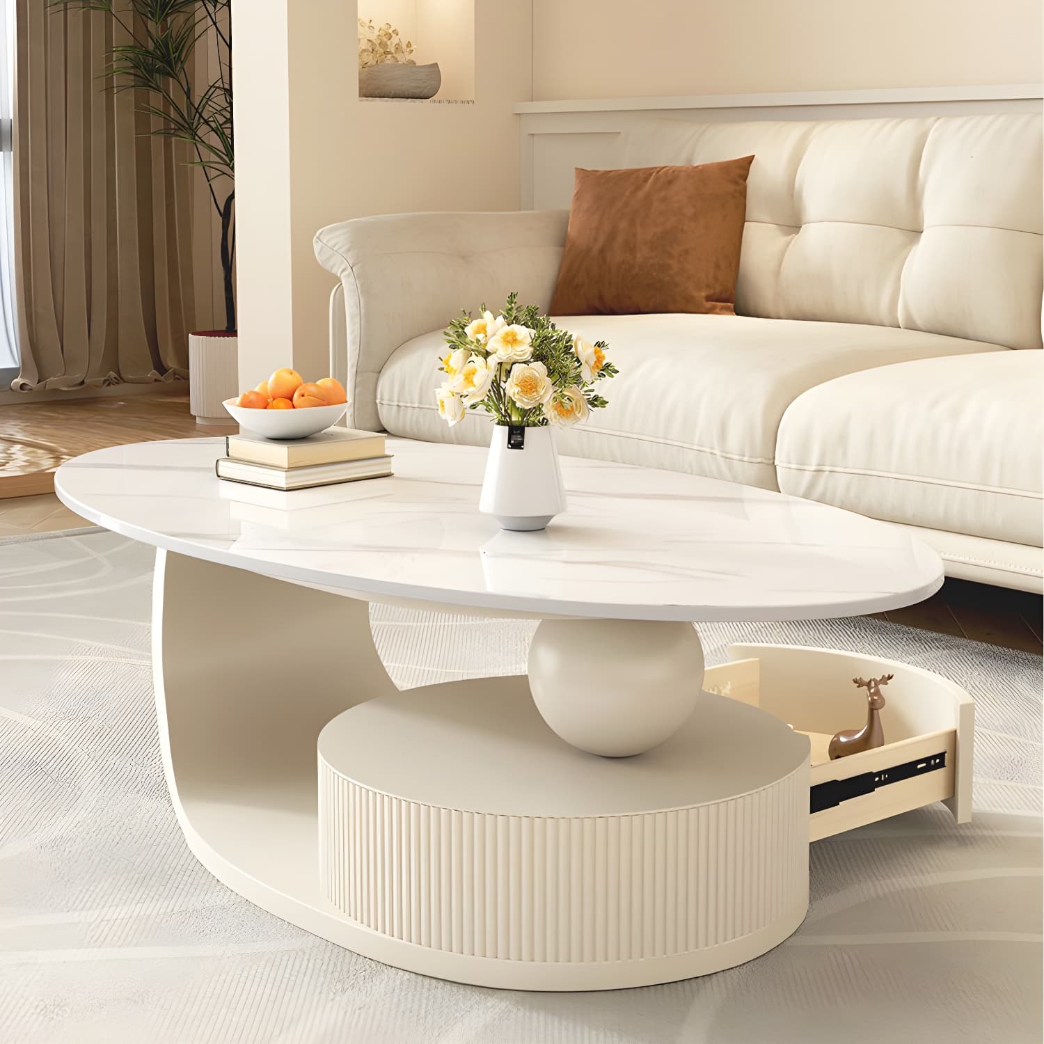 Oval White Stone Modern Coffee Table with Metal Abstract Base thumbnail 4