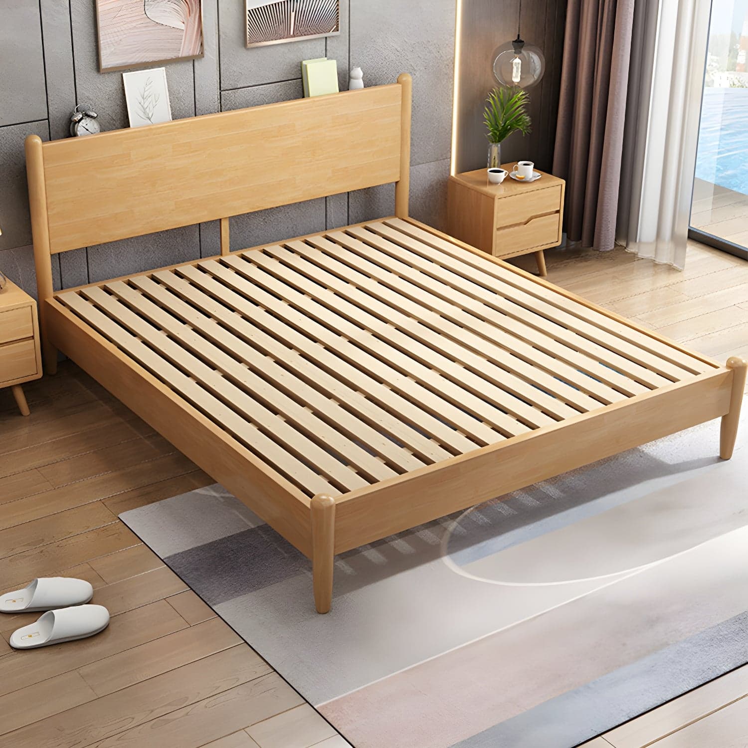 Northern European Solid Wood Bed Frame Mattress Included Panel Bed with Headboard thumbnail 3
