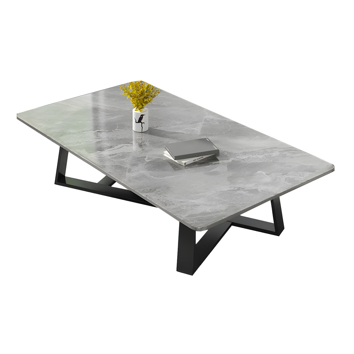 Modern Rectangle Coffee or End Table Stone and Steel Coffee Table with Cross Legs thumbnail 9