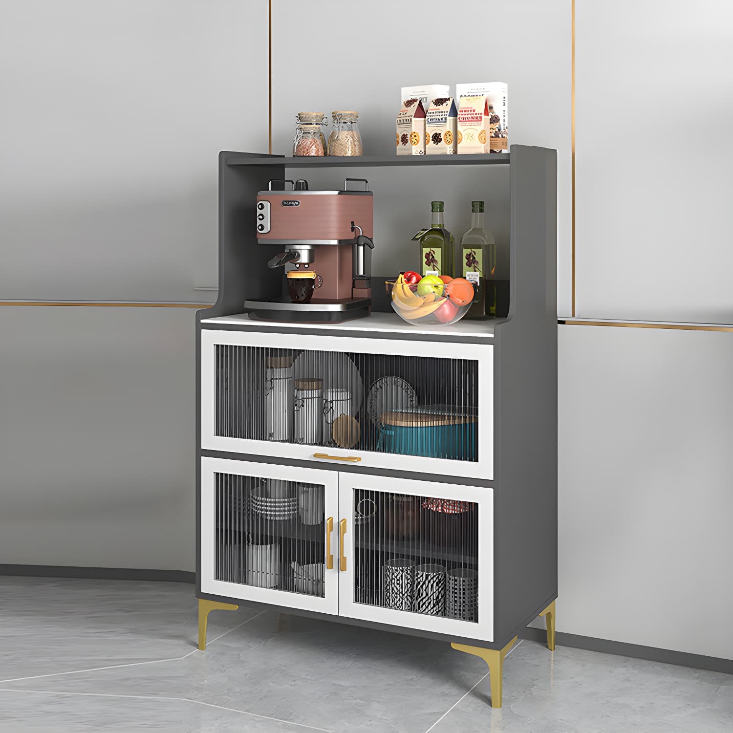Sintered Stone Countertop Dining Server Manufactured Wood Kitchen Server with Glass Doors thumbnail 5