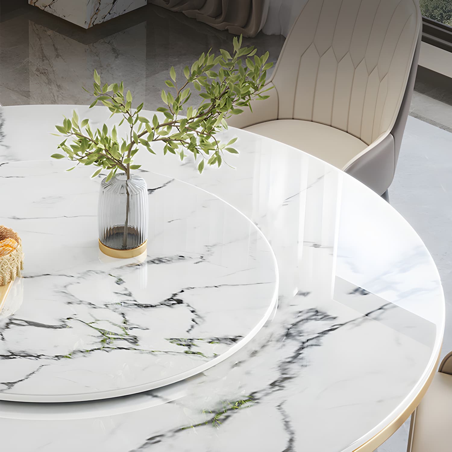 Modern Dining Set 1/5/7 Pcs Round Marble Dining Table and Upholstered Chairs thumbnail 4